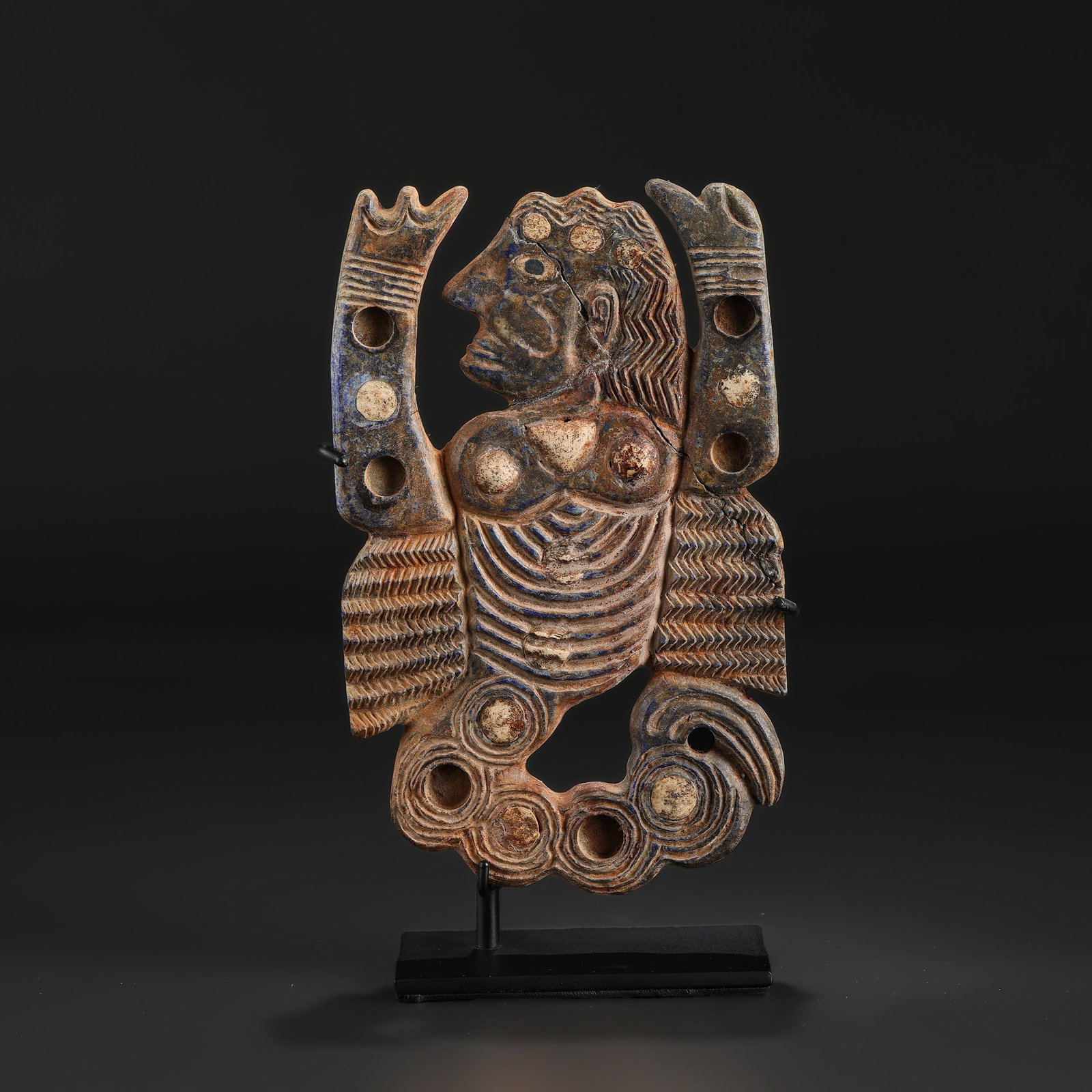 Near Eastern Jiroft Halilrud Civilization Carved Unique Lapis Stone Mythical Figure Creature: Near Eastern Jiroft Halilrud Civilization Carved Unique Lapis Stone Mythical Figure Creature Size Detail: 11 x 18cm Weight: 306gram