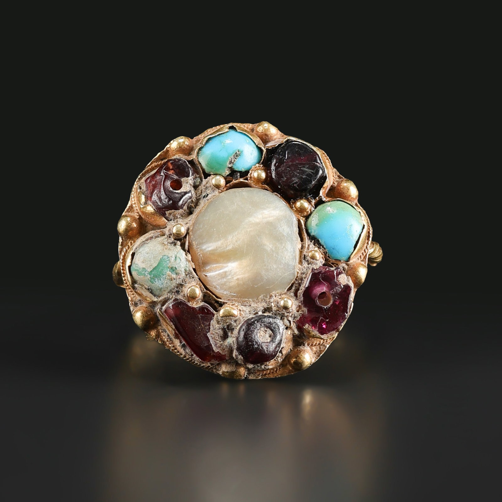 Antique 19K Gold Ring with Pearl and Mixed Jewelry Gems stone: Antique 19K Gold Ring set with pearl and mixed gemstone accents. Featuring an elegant vintage design with finely crafted gold work, highlighted by natural pearls and assorted colorful stones. Total We