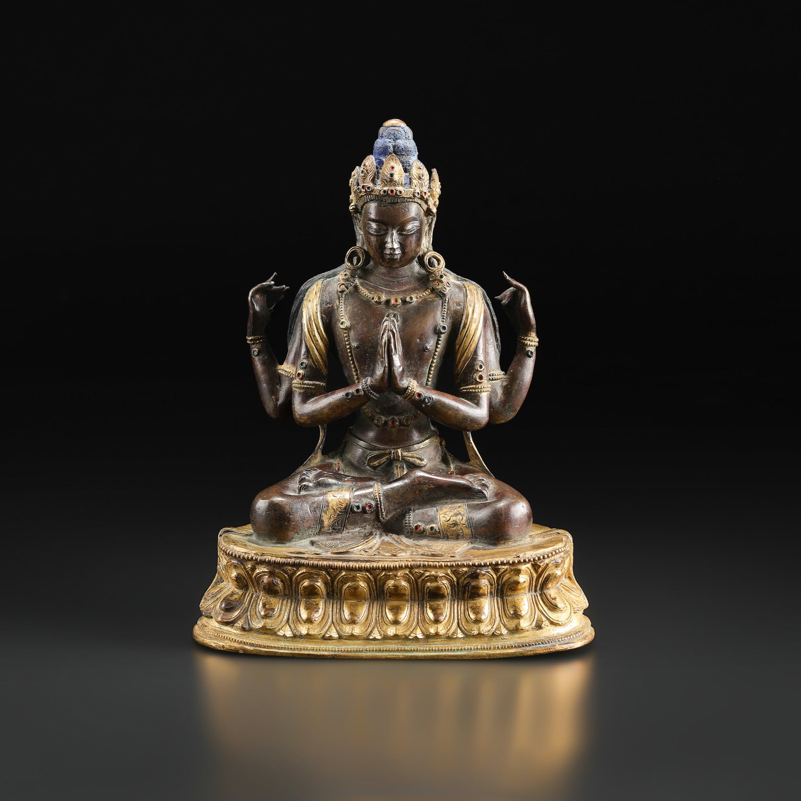 Collectible Glit Bronze Tibetan Shadakshari Lokeshvara Sculpture: Collectible Glit Bronze Tibetan Shadakshari Lokeshvara Sculpture Size Detail: 13.5 x 17cm Weight: 1.5kg