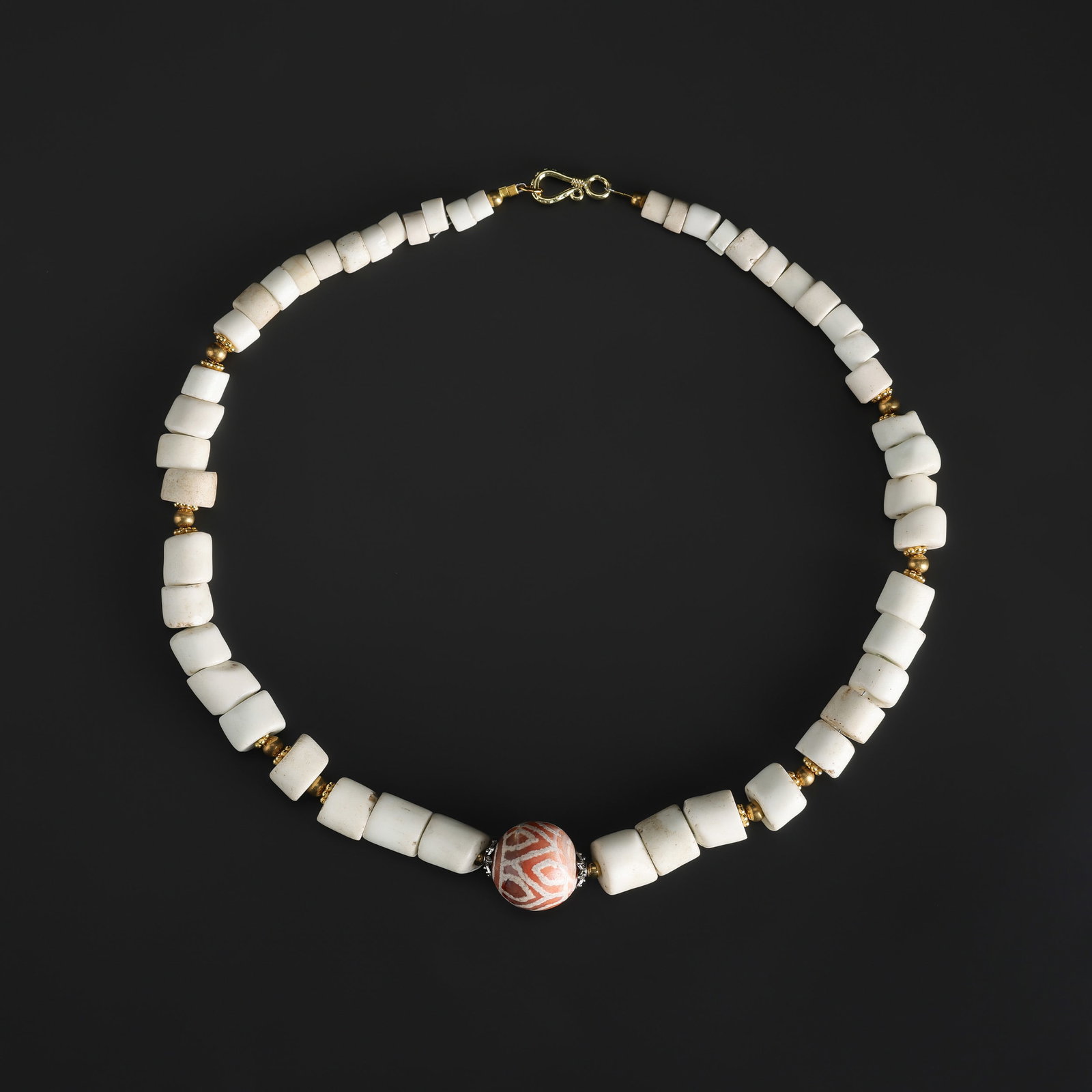 Old Mixed Shell Beads Necklace with Etched Carnelian Bead Pendant (1 of 5)