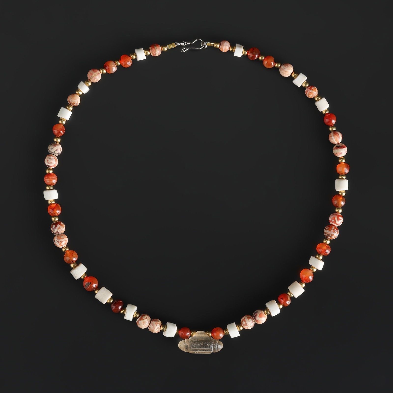 Collection of Antique Mix Material Old Shell and Etched Carnelian Beads Necklace with Crystal Amulet (1 of 5)