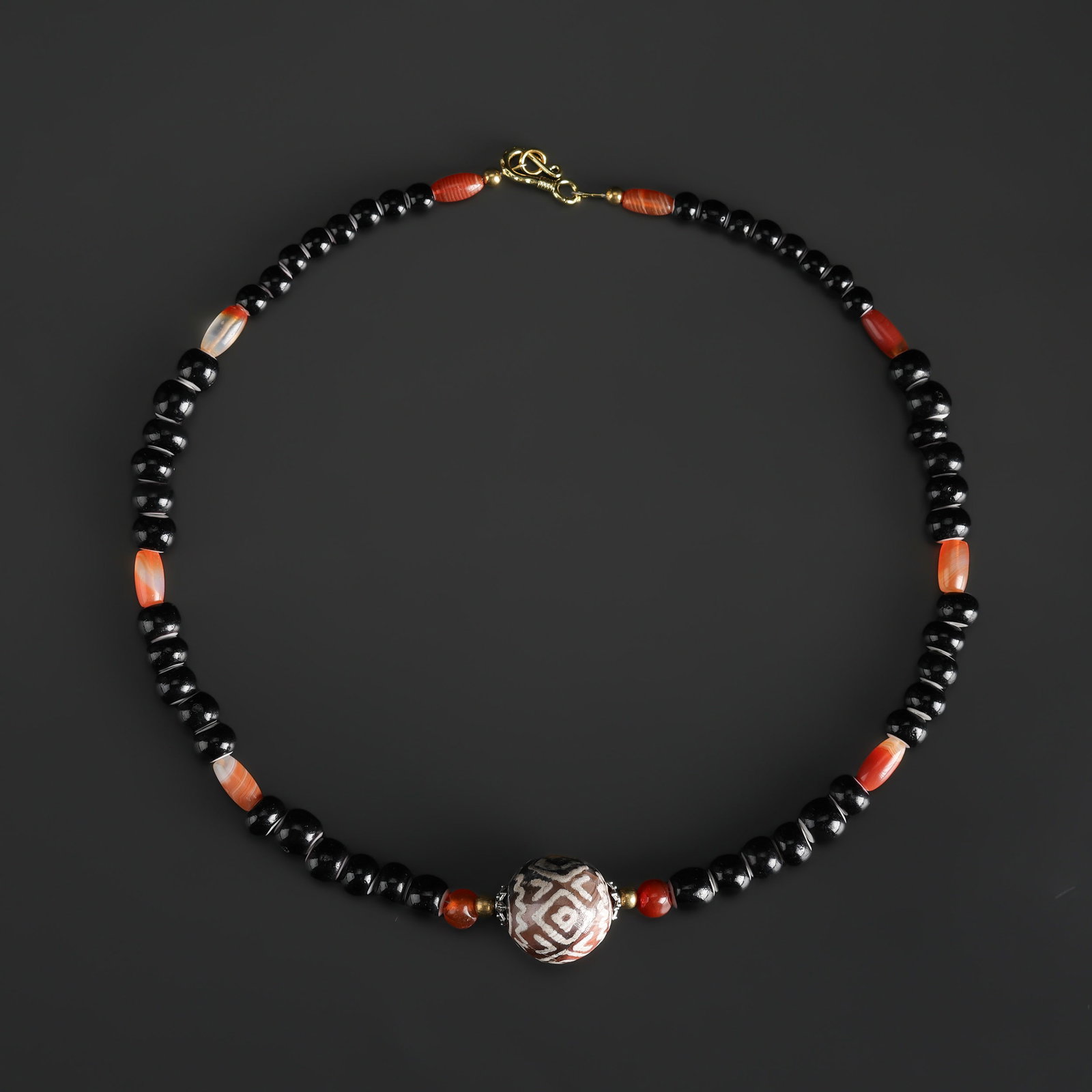 Old Mixed Black Heart Glass Beads, Agate and Etched Carnelain Bead Necklace (1 of 4)