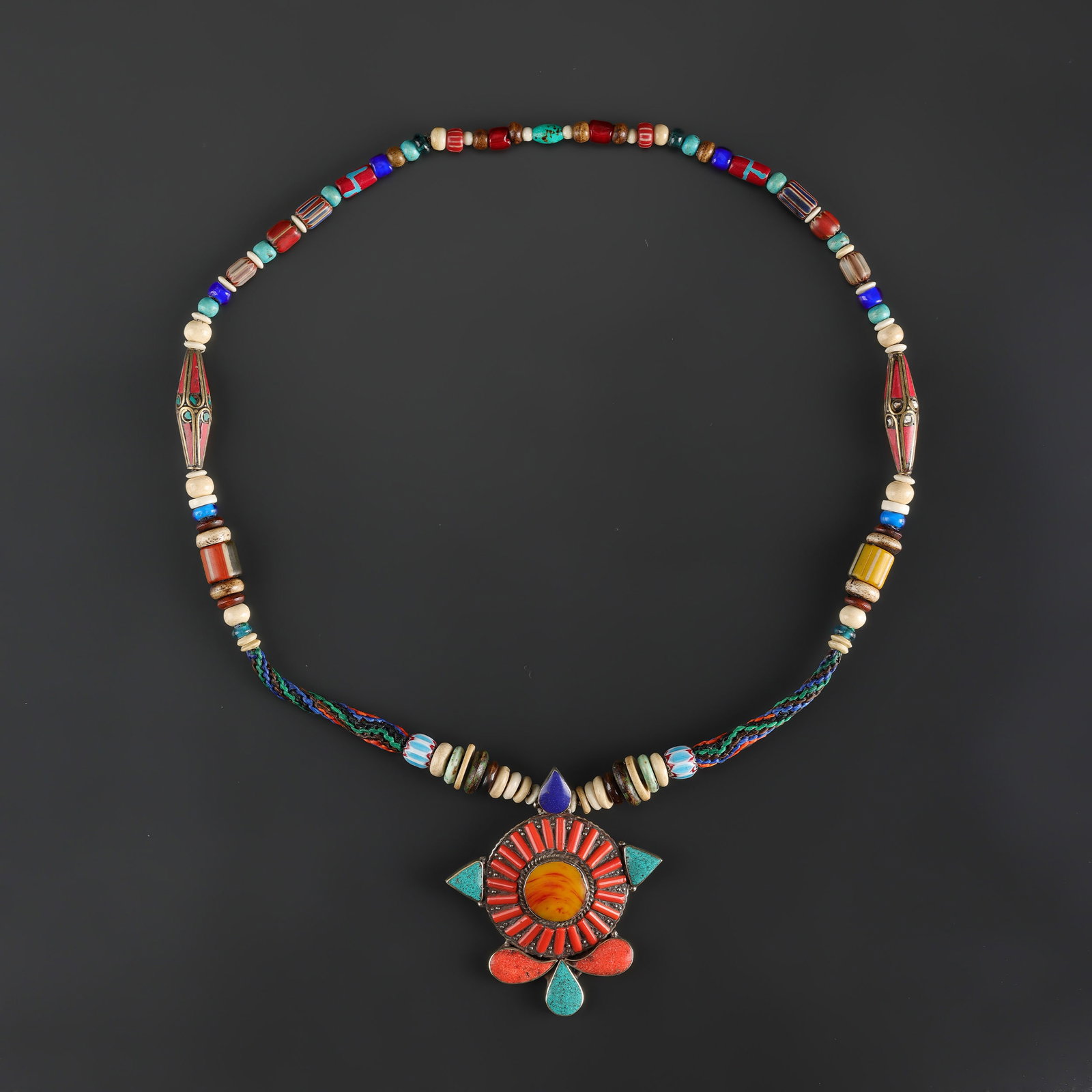 Collection of Ancient Tibetan Mixed Stone Beads with Coral and Turquoise Pendant Necklace: Collection of Ancient Tibetan Mixed Stone Beads with Coral and Turquoise Pendant Necklace Length: 26in Total Weight: 117gram