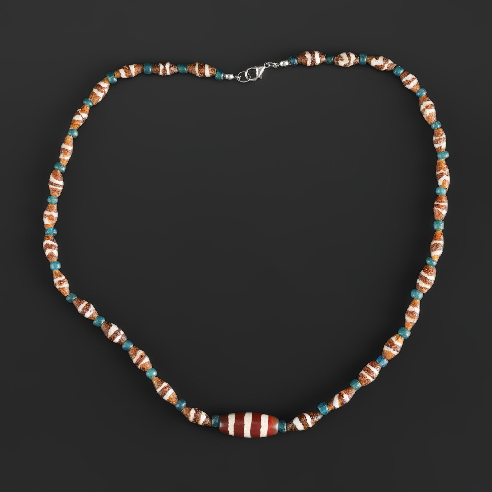 Ancient Tibetan Style Etched Agate & Dzi Bead Necklace with Blue Glass Spacer Beads (1 of 5)