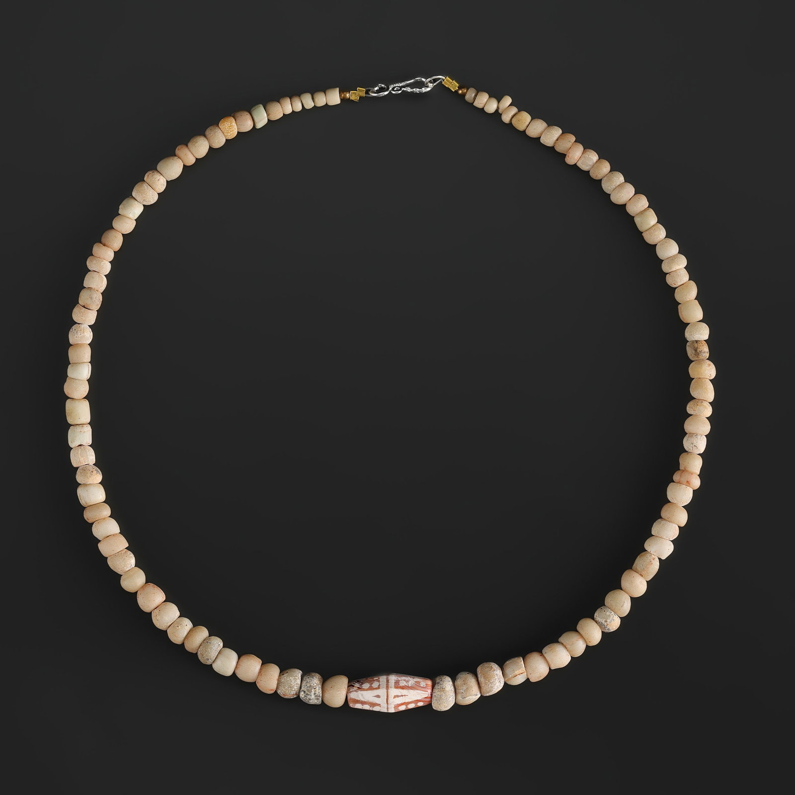 Collection of Antique Himalayan Glass Beads Necklace With Etched Carnelian Bead Pendant: Fine Bead Necklace Collection of Antique Himalayan Glass Beads Necklace With Etched Carnelian Bead Pendant. A desirable auction piece showing attractive natural color, texture, and character. Well sui