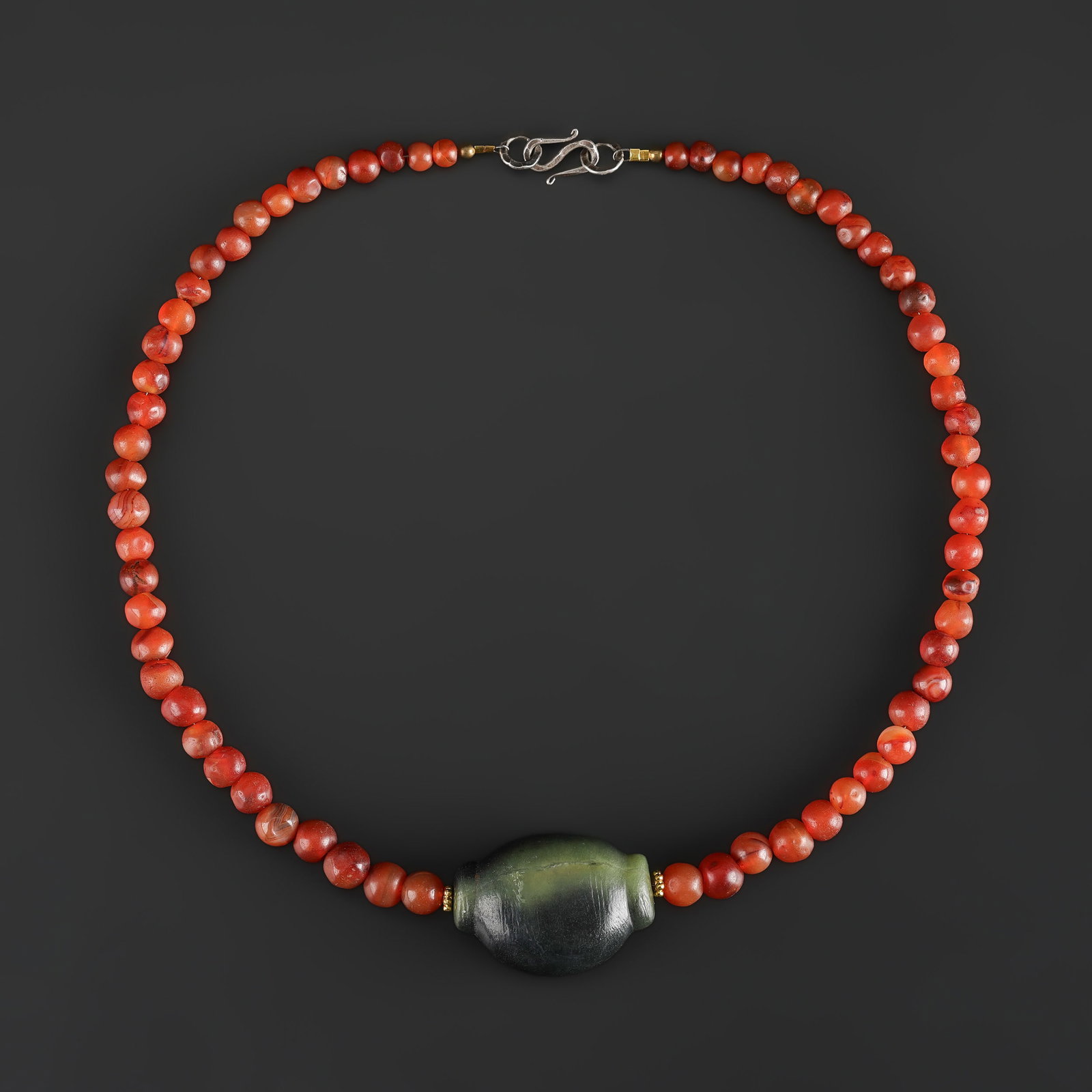Collection of Antique Old Agate Bead Pendant with Carnelian Beads Necklace: Fine Bead Necklace Collection of Antique Old Agate Bead Pendant with Carnelian Beads Necklace. A desirable auction piece showing attractive natural color, texture, and character. Well suited for ethno