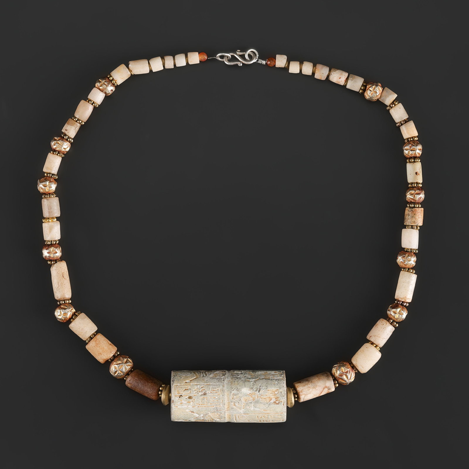 Old Ancient Antique Sasanian Cylinder Seal with Stone Age Rock Crystals Beads: Fine Bead Necklace Old Ancient Antique Sasanian Cylinder Seal with Stone Age Rock Crystals Beads. A desirable auction piece showing attractive natural color, texture, and character. Well suited for et