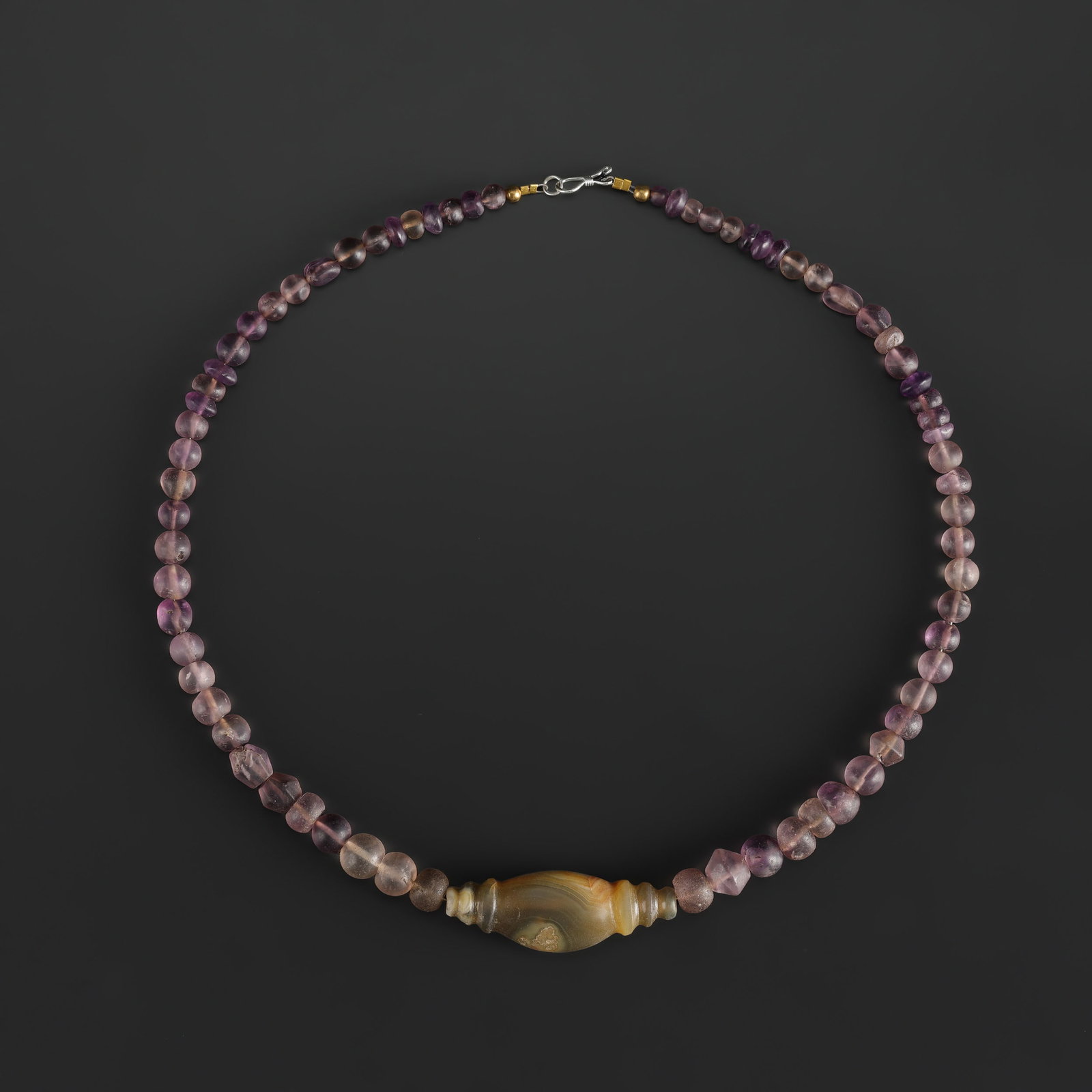 Collection of Antique Mix Old Amethyst Beads Necklace with Banded Agate Bead Pendant (1 of 4)