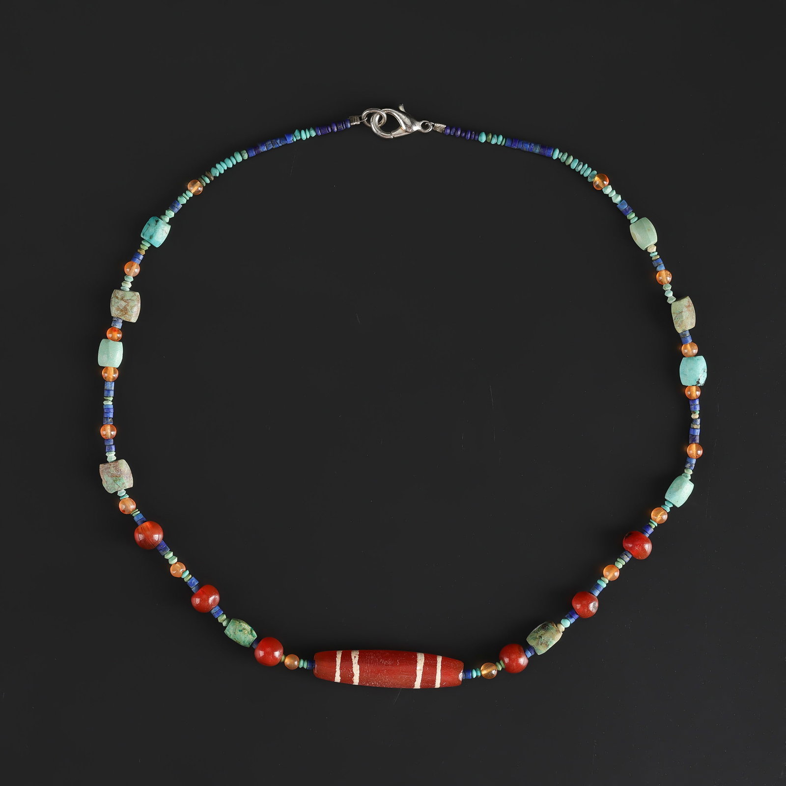 Old Antique Etched Carnelian Turquoise Lapis Beads Jewelry Necklace: Fine Bead Necklace Old Antique Etched Carnelian Turquoise Lapis Beads Jewelry Necklace. A desirable auction piece showing attractive natural color, texture, and character. Well suited for ethnographic
