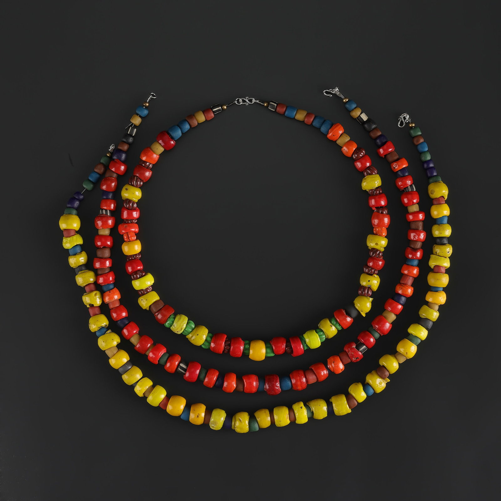 Collection of Multi Colorful Glass Beads Necklaces: Fine Bead Necklace Collection of Multi Colorful Glass Beads Necklaces. A desirable auction piece with appealing beadwork and collectible visual character. Well suited for ethnographic jewelry collecto