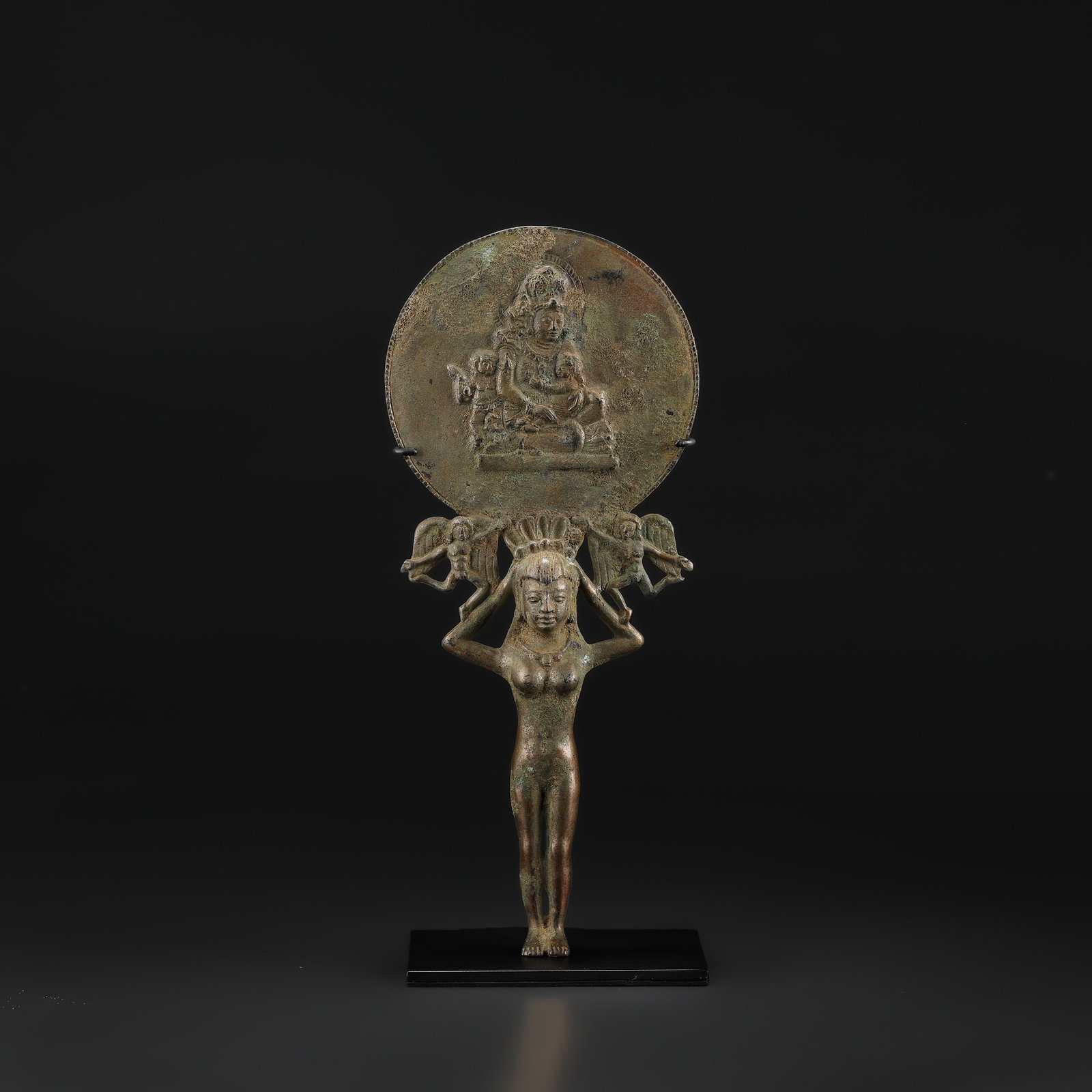 Ancient Greek Bronze Mirror with Support of a Young Lady and Two Cupids Eros (1 of 5)