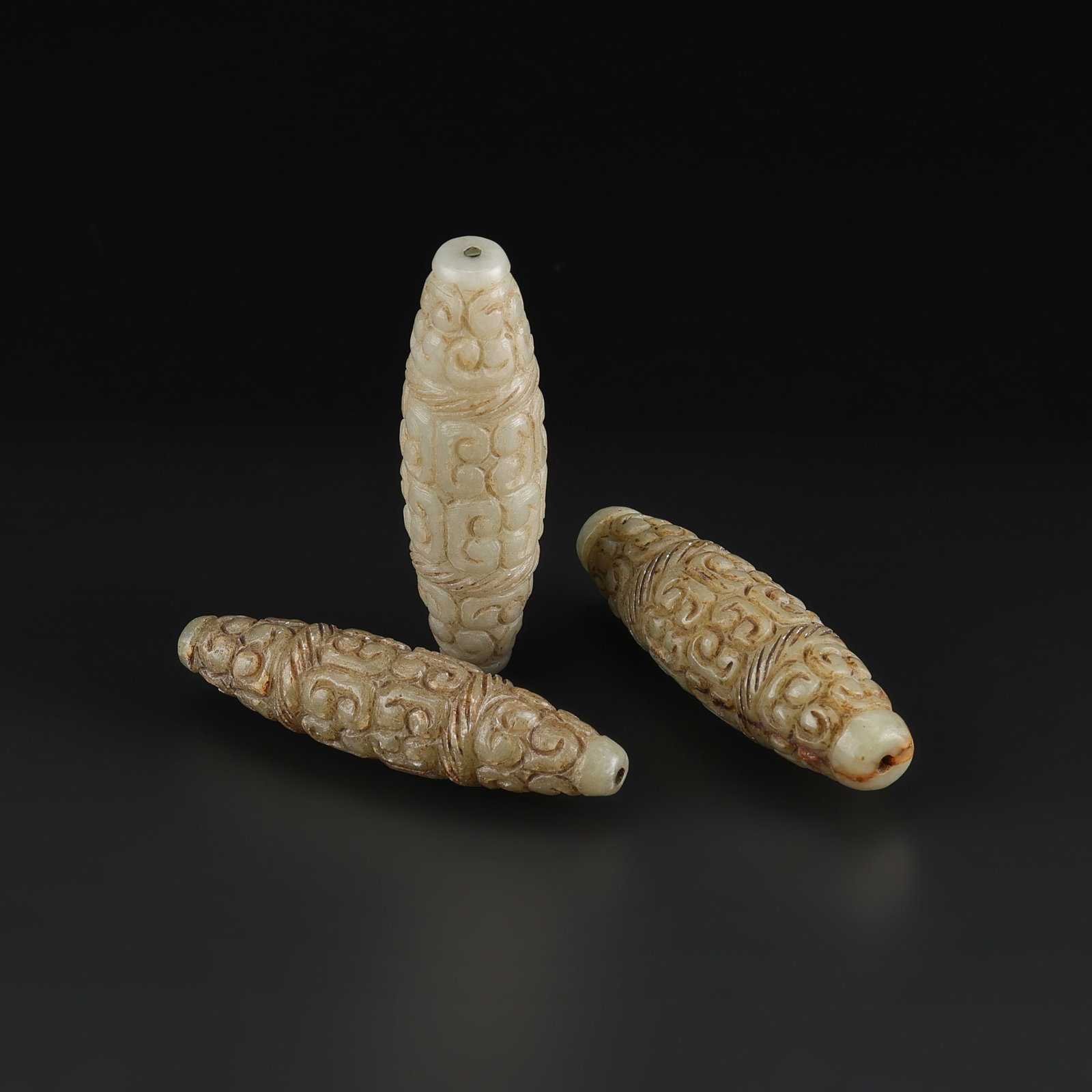 Ancient Ming Dynasty Jade Stone Seal Beads: Fine Jade Ancient Ming Dynasty Jade Stone Seal Beads. A desirable auction piece showing attractive natural color, texture, and character. Well suited for ethnographic jewelry collectors, display, or a