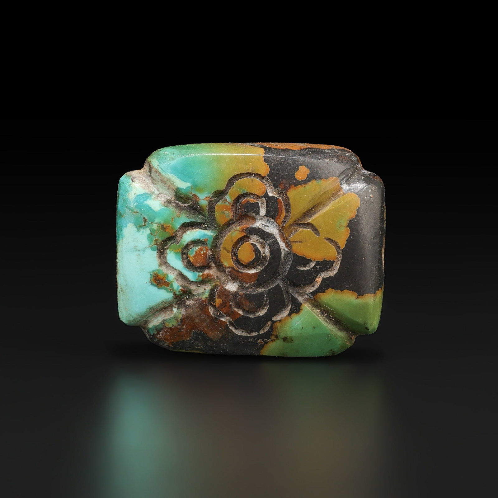 Chinese Ming Dynasty Turquoise Pendant Bead Decorated Beautifully With Flower Motif Design: Chinese Ming Dynasty Turquoise Pendant Bead Decorated Beautifully With Flower Motif Design featuring quality craftsmanship and collectible appeal. Suitable for display or collection. Size Detail: 2.2 