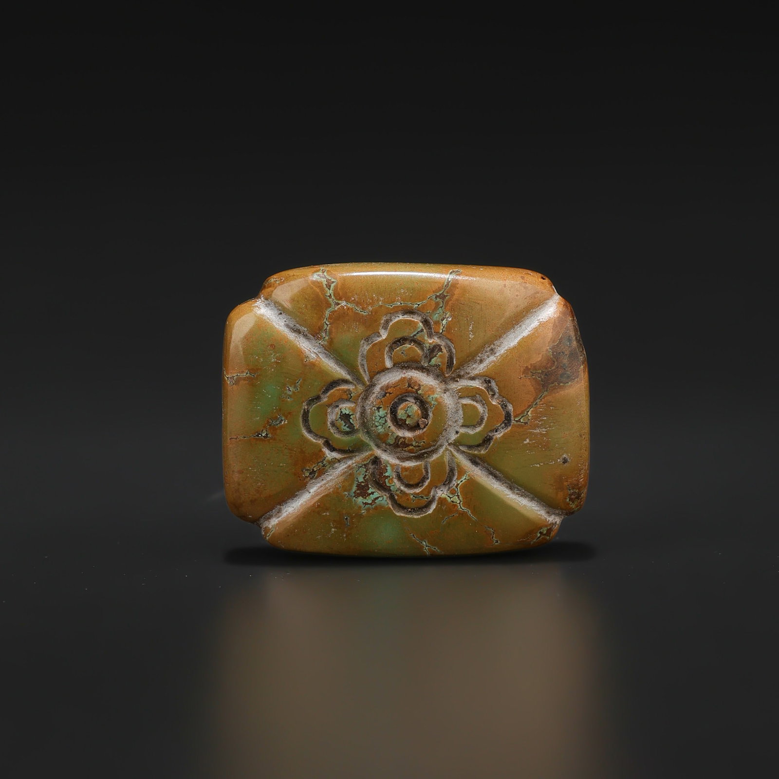 Chinese Ming Dynasty Turquoise Pendant Bead Decorated Beautifully With Flower Motif Design: Chinese Ming Dynasty Turquoise Pendant Bead Decorated Beautifully With Flower Motif Design featuring quality craftsmanship and collectible appeal. Suitable for display or collection. Size Detail: 2.7 