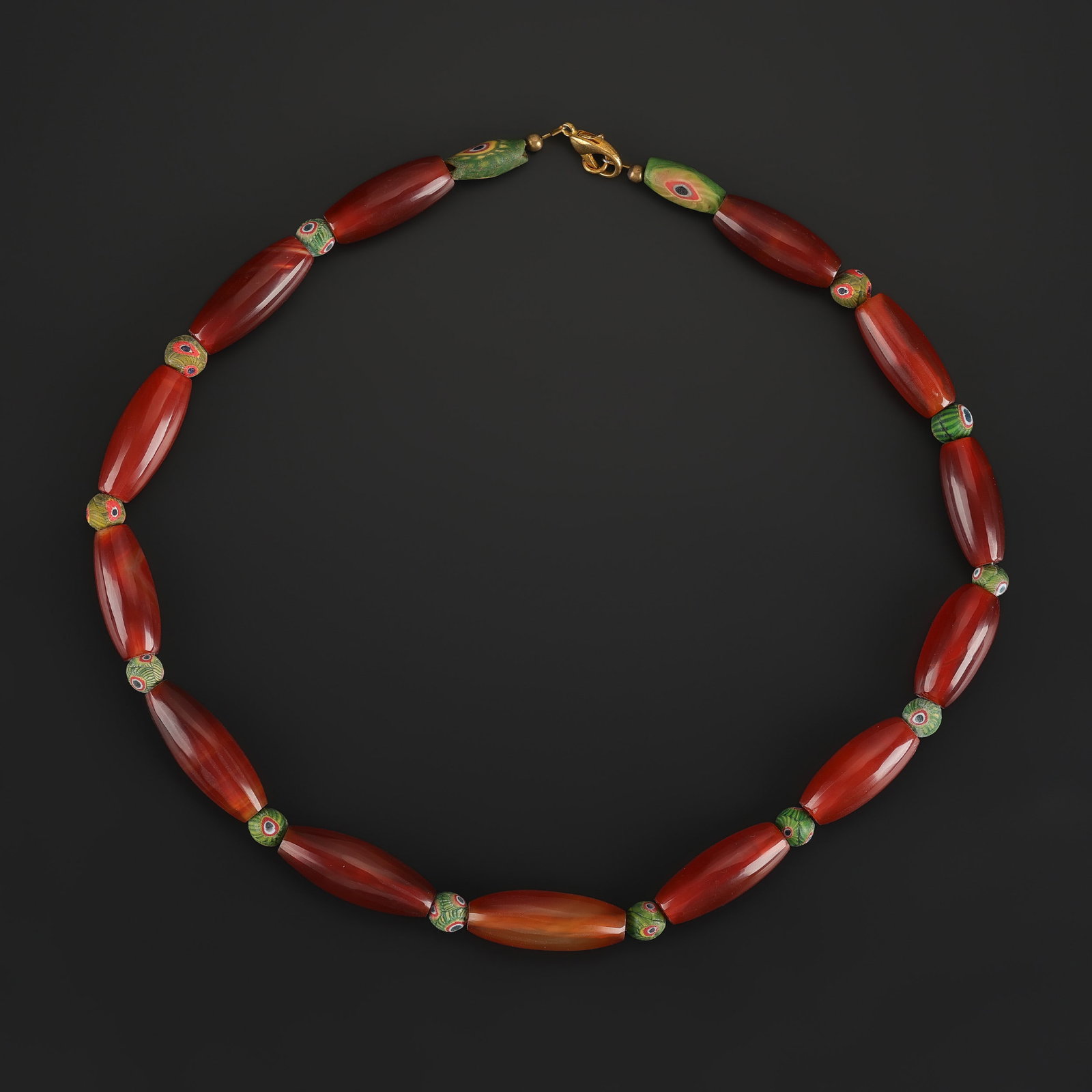 Amazing Mosaic Gabri Eyes Pattern Glass and Old Red Agate Beads Necklace: Amazing Mosaic Gabri Eyes Pattern Glass and Old Red Agate Beads Necklace featuring quality craftsmanship and collectible appeal. Suitable for display or collection. Length: 20in Total Weight: 85gram