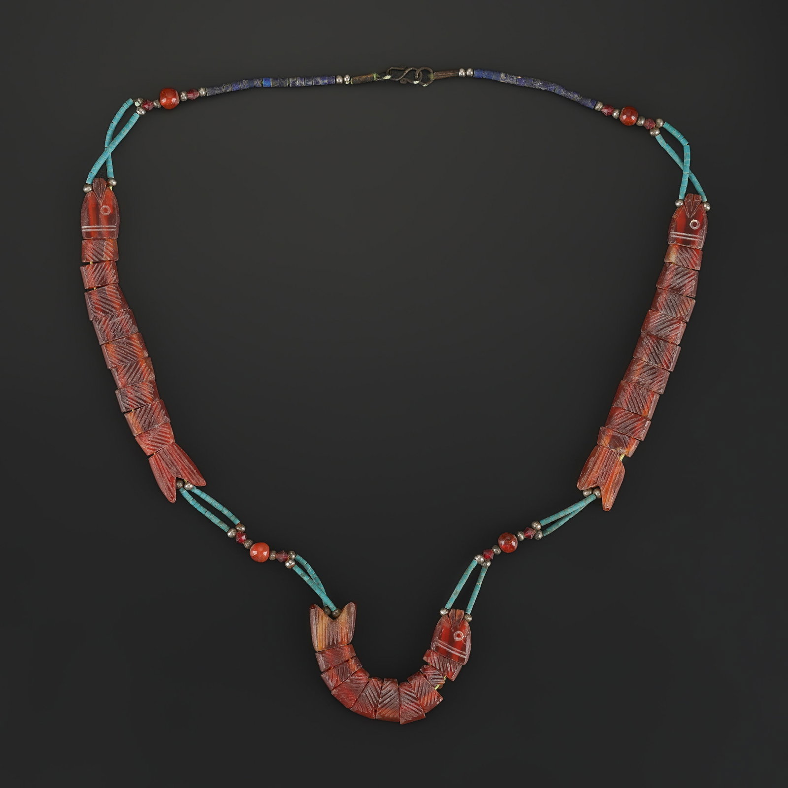 Vintage Carved Carnelian Fish Motif Bead Necklace with Turquoise & Lapis Bead: Vintage Carved Carnelian Fish Motif Bead Necklace with Turquoise & Lapis Bead featuring quality craftsmanship and collectible appeal. Suitable for display or collection. Length: 23in Total Weight: 38g