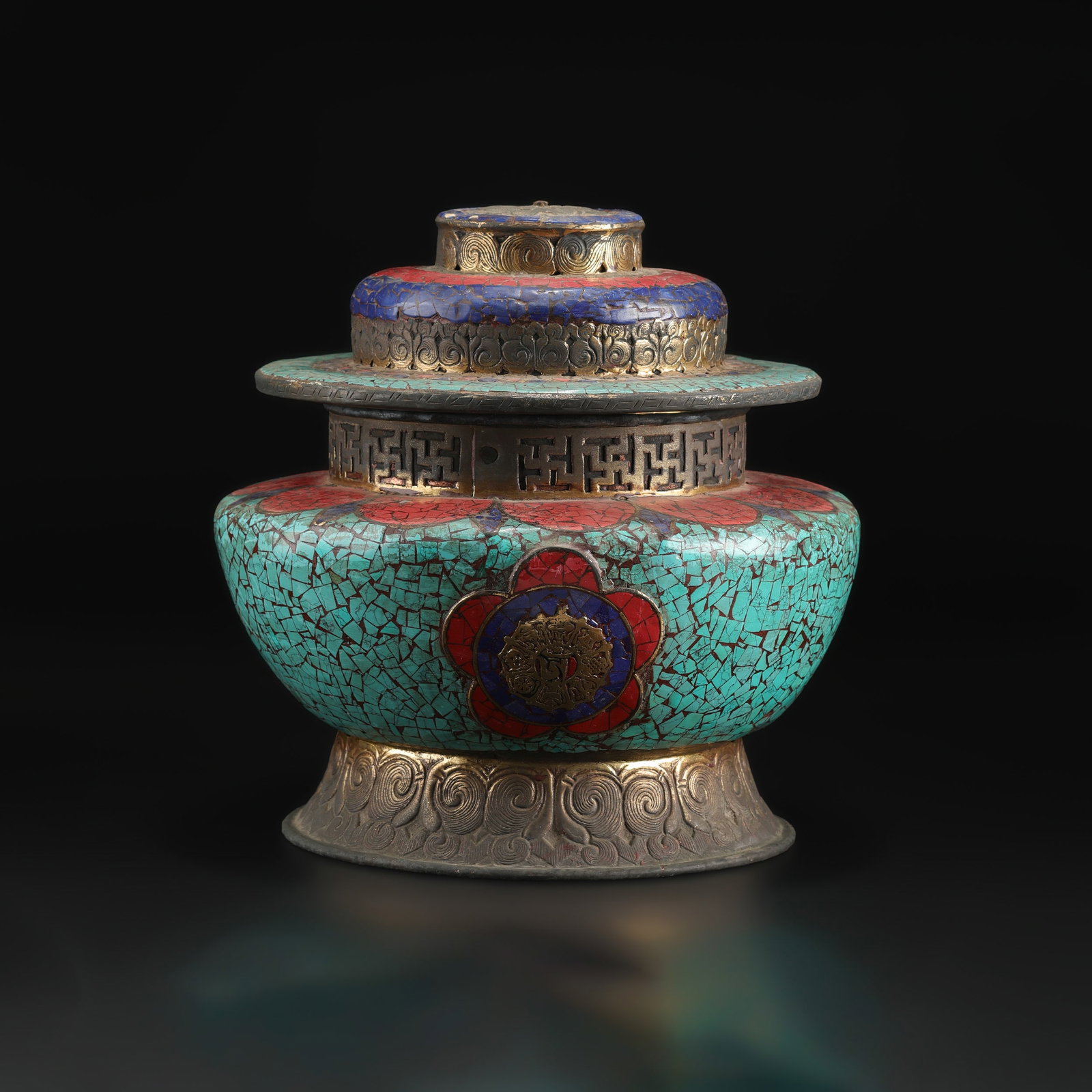 Hand Made Tibetan Cloisonn? With Turquoise Inlaid Ritual Vessel with Gilt Accents: Hand Made Tibetan Cloisonne With Turquoise Inlaid Ritual Vessel with Gilt Accents featuring quality craftsmanship and collectible appeal. Suitable for display or collection. Size Detail: 25 x 25.5cm W
