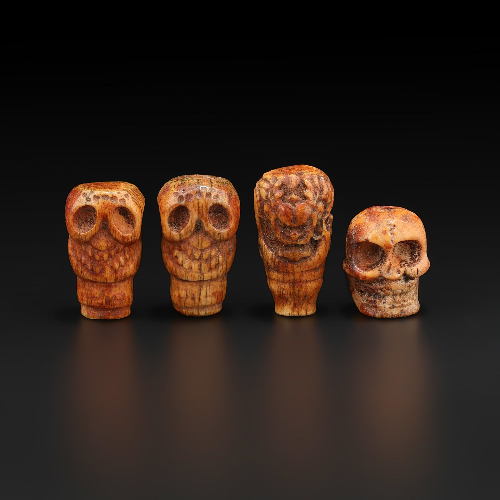 Tibetan 2 Carved Bone Amulet Figures, 3 Skull & Other Mythical Beast Head Pendants (1 of 4)