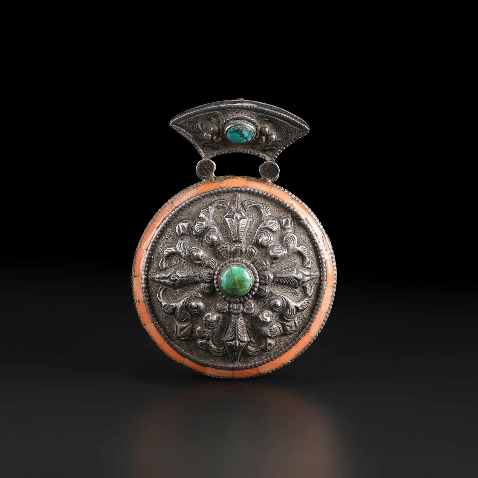 Tibetan Nepalese Sterling Silver Amulet Pendant with Turquoise & Coral Inlay (1 of 4)