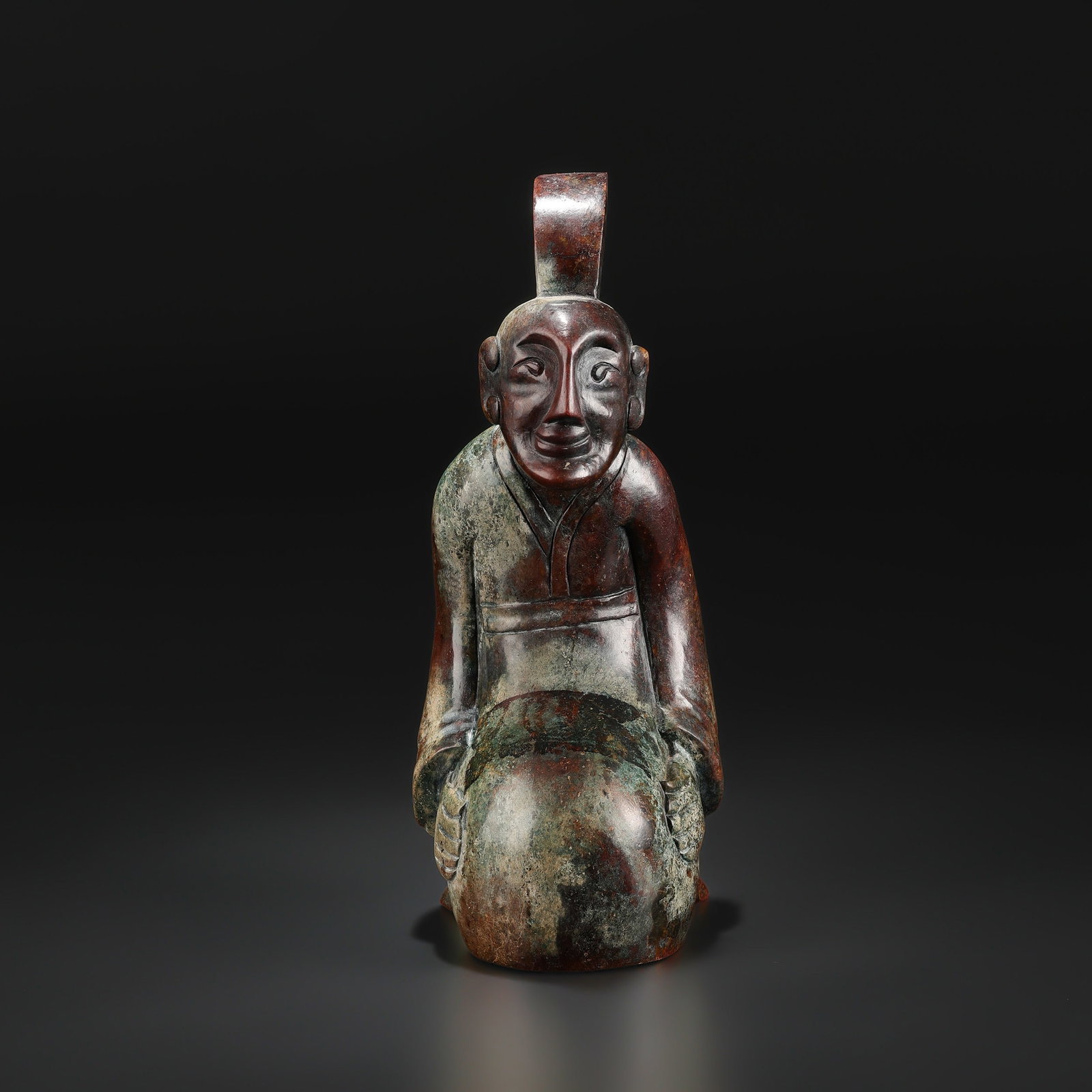 Chinese Western Zhou Dynasty Hetian Jade Hand Carved Seated Figure with Topknot: Chinese Western Zhou Dynasty Hetian Jade Hand Carved Seated Figure with Topknot featuring quality craftsmanship and collectible appeal. Suitable for display or collection. Size Detail: 9 x 25cm Weight