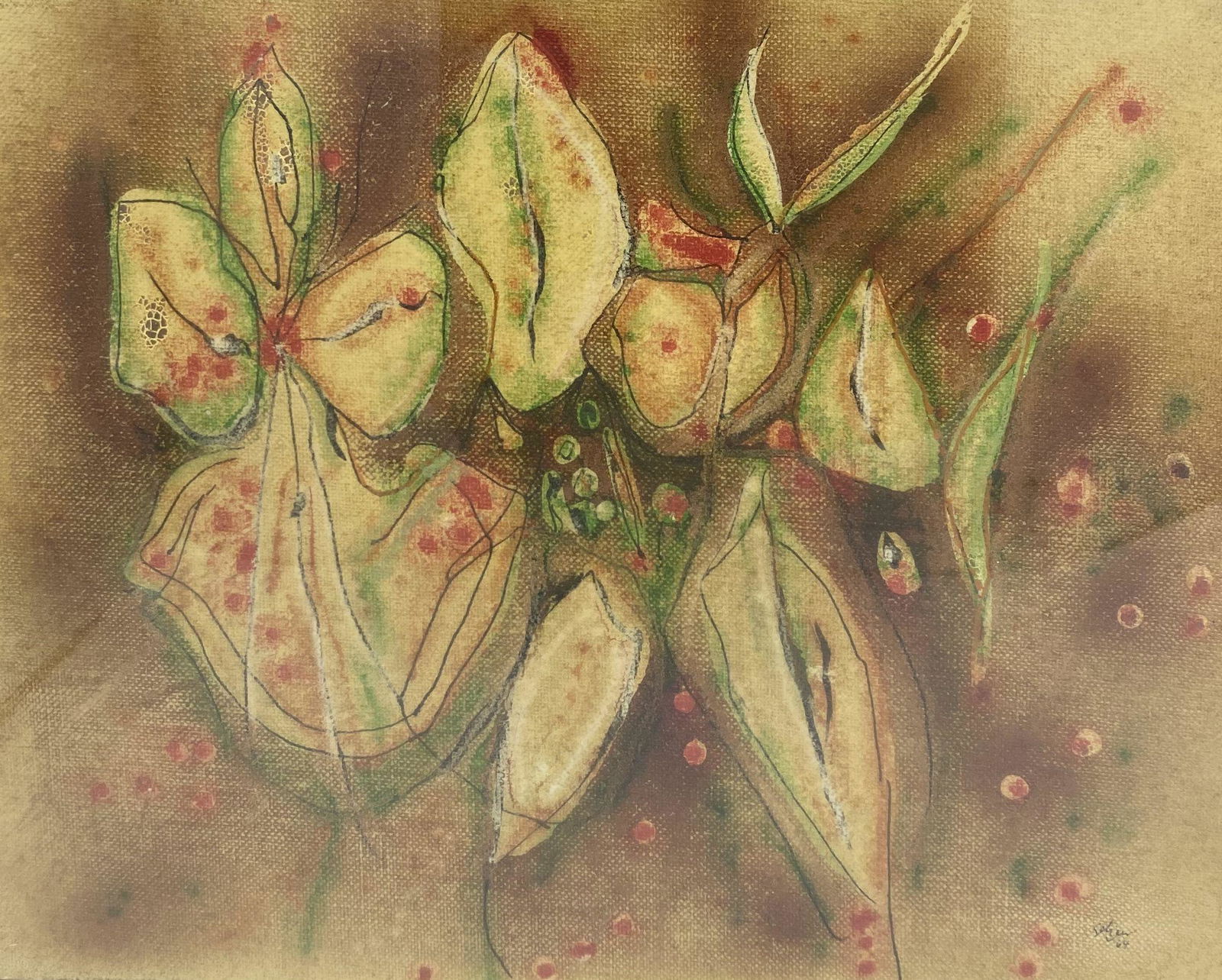 American Abstract Painting Charles Seliger 1926-2009: American New York Artist Oil Painting by Charles Seliger 1964 Abstract Orchid Flowers. Signed and dated lower right corner. Painted on canvas board. Framed by Max Granick.