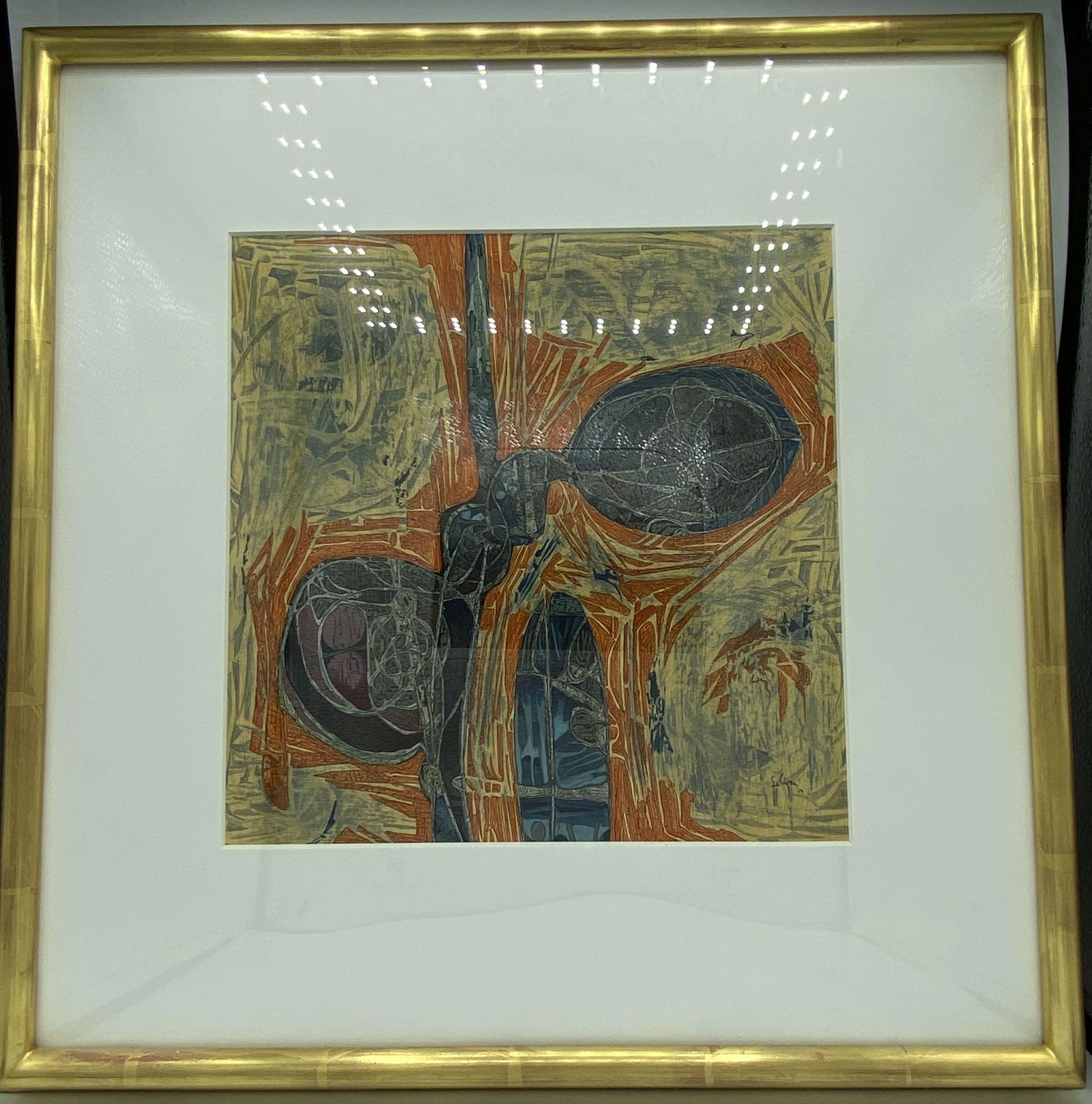 American New York Painting Charles Seliger 1926-2009: American New York Artist Oil Painting by Charles Seliger 1960 Abstract Composition "Unborn Flower". Signed in the lower right corner. Mixed media, tempora, oil, and water color. Framed behind glass.