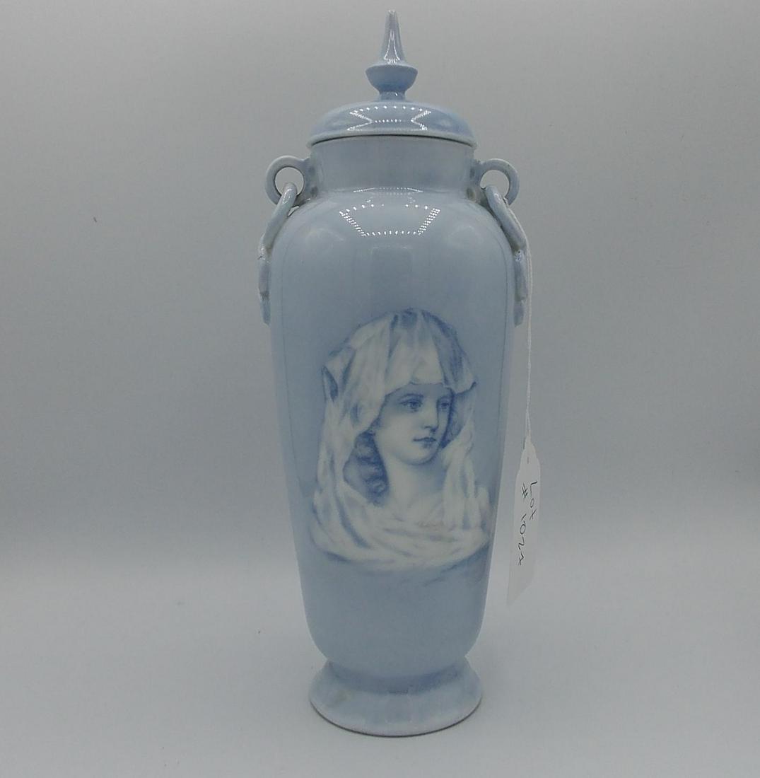 Antique Royal Copenhagen Porcelain Amphora Urn Lided: Antique Royal Copenhagen Porcelain Amphora Urn Lided Portrait Vase. Handpainted portrait of beautiful woman and cherub angel on the other side.