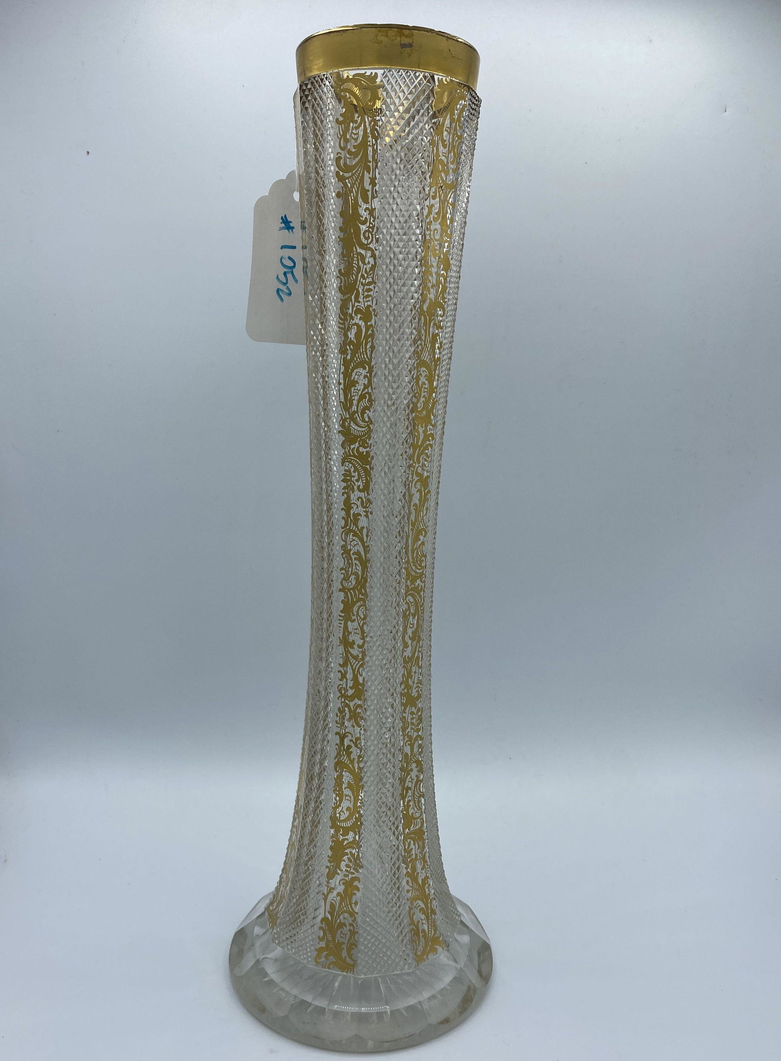 Antique Cut Crystal Vase Gold Gilt Overlay: Antique Cut Crystal Vase Gold Stenciling. Unmarked.