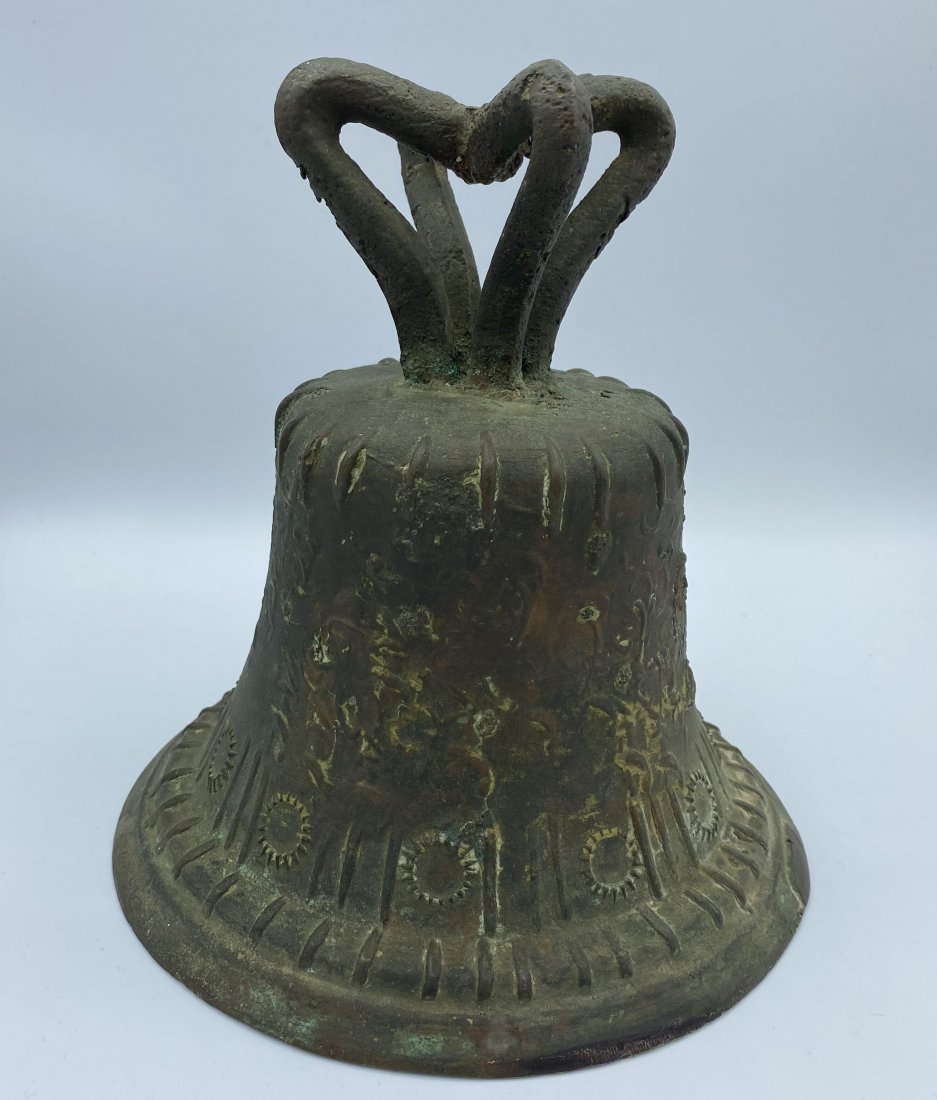 Antique 1881 Spanish Colonial Cast Bronze Church Bell: 19th century, solid cast bronze with relief decoration of Christ and Mary with floral and scroll field. Height: 8.5\"