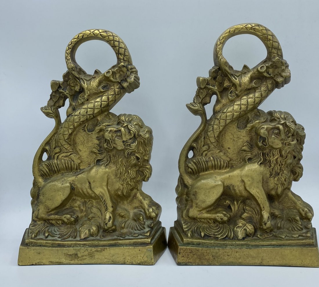 Pair of Ornate Bronze Lion & Serpent Andirons: Pair of Ornate Bronze Lion & Serpent AndironsAndirons were modified and used as bookends. Billet bars were removed.