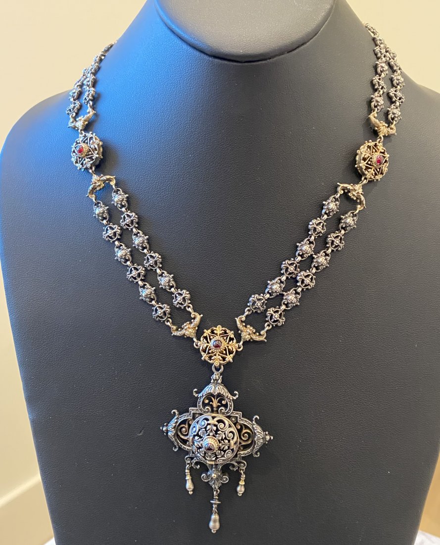 Austro-Hungarian Viennese Silver Necklace: Austro-Hungarian Viennese Silver Necklace. Designed in the Renaissance Revival style with garnets and gold gilt. Austrian hallmarks for Vienna, 800 silver. Necklace came from Hedy Lamarr. Wearable len