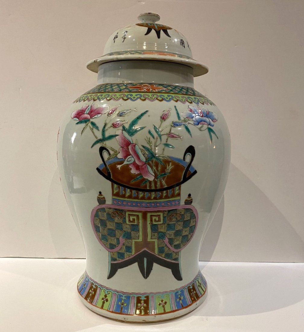 Antique Chinese Porcelain Large Ginger Jar Covered Vase: Antique Chinese Porcelain Ginger Jar Covered Vase. Beautiful hand painted decoration of flower planters, Chinese characters on 2 sides and the vase and the lid. Exported from China in early 1930s.