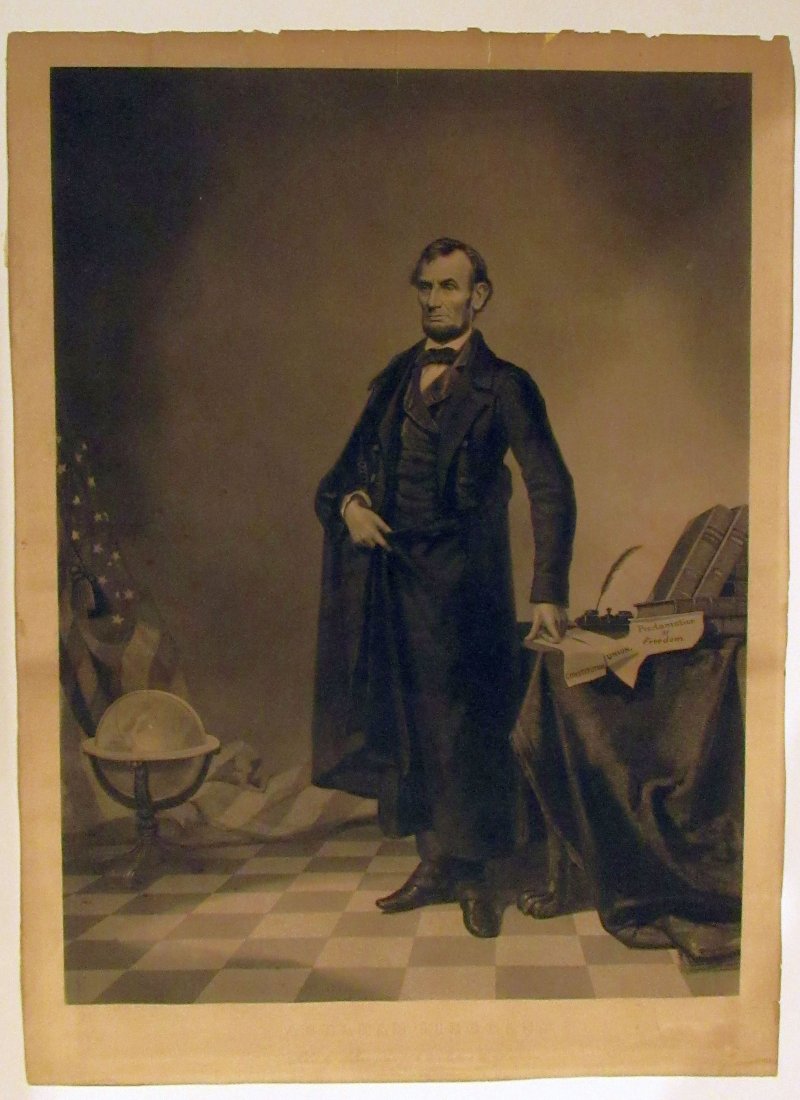 Rare 1865 Mezzotint Portrait Print Abraham Lincoln: Published by William Pete, 58 & 60 Fulton Street, New York; Boston, L.A. Elliot Co. Print is a composite. The head of Abraham Lincoln is superimposed on the figure and background of an earlier print b