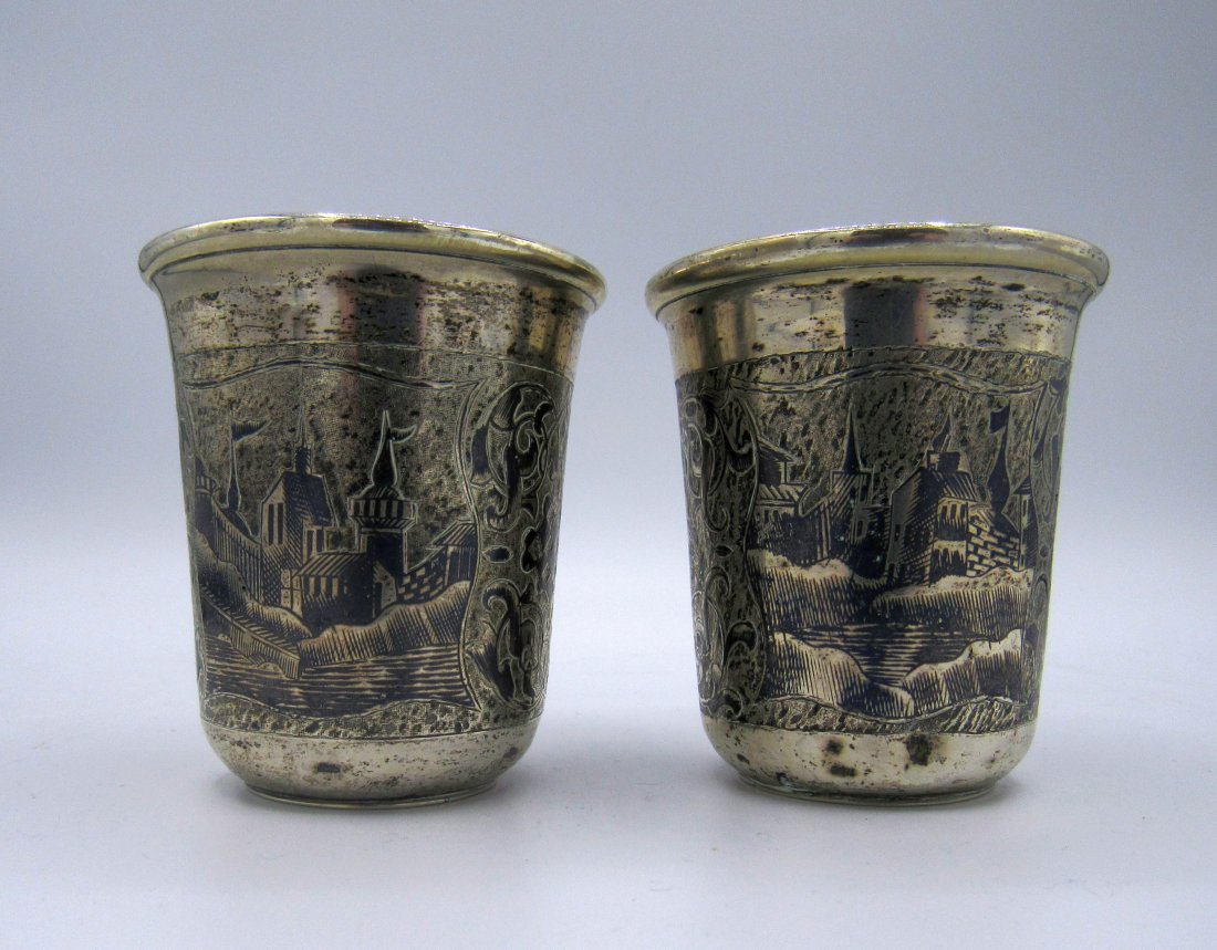 Pair of Russian 84 Silver & Niello Kiddush Cups Beaker: Pair of Russian 84 Silver & Niello Kiddush Cups Beaker, dated 1859, Moscow, each is 2 3/4 inches tall. Weight: 123 grams.