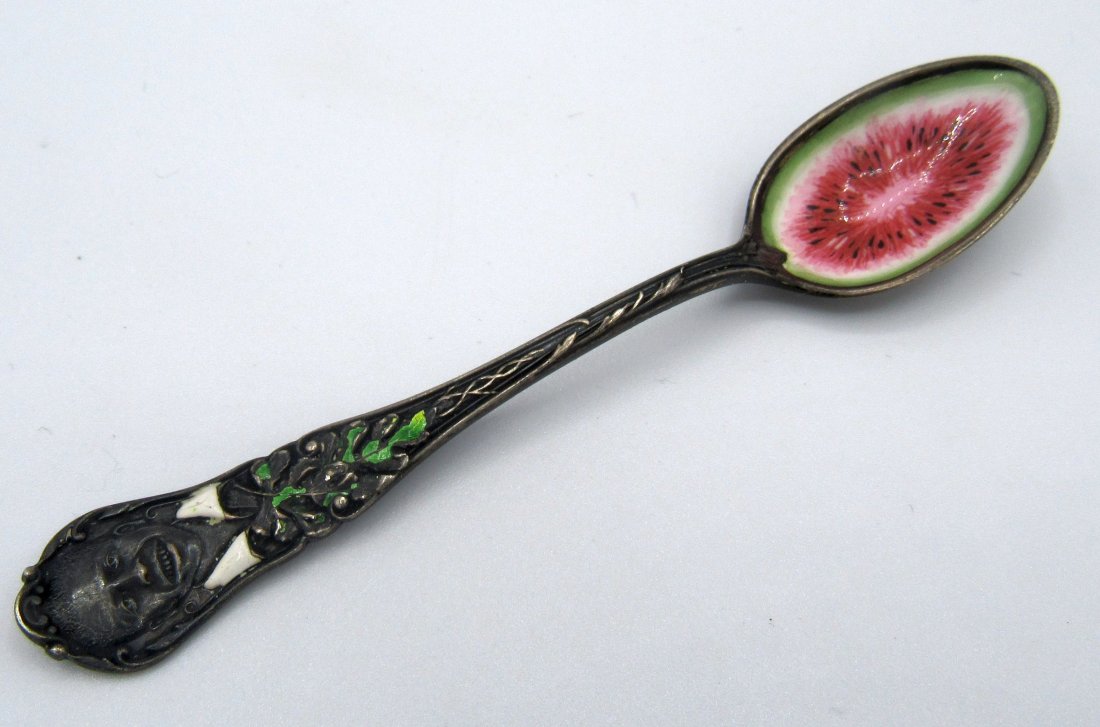 Black Americana Sterling Silver Gorham Watermelon Spoon: Souvenir Black Americana Sterling Silver & Enamel Gorham Watermelon Spoon, marked with a retailer Charles W. Crankshaw, and Alabama. Length: 4.25 inches.