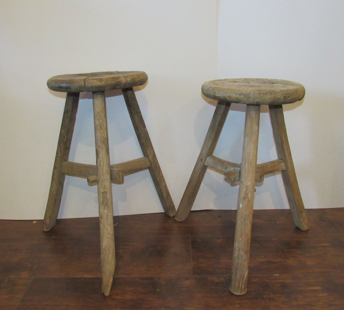 Lot Of 2 Antique Primitive Wooden 3 Leg Stools (1 of 8)