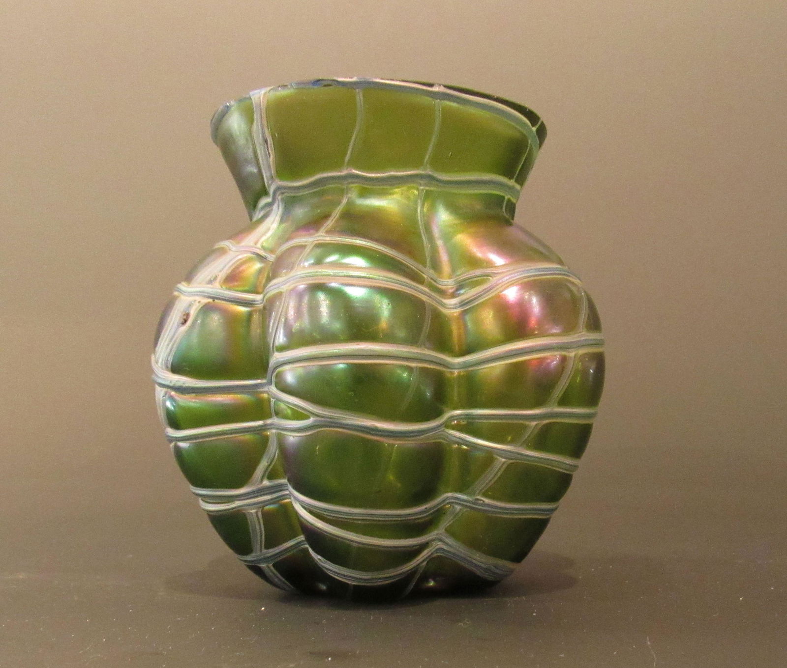 Loetz Threaded Irridescent Green Glass Small Vase: Loetz Threaded Irridescent Green Glass Small Vase