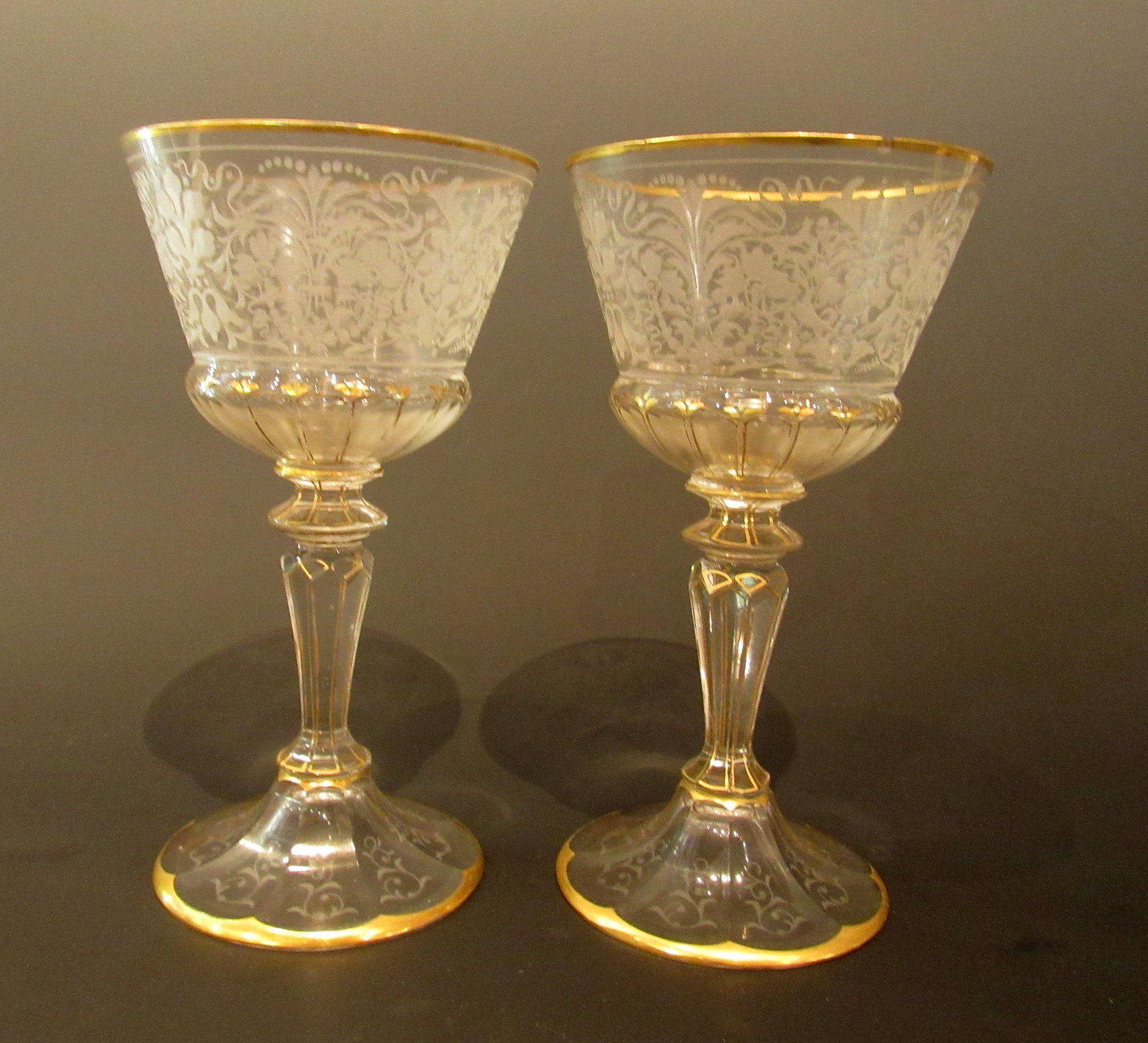 Lot of 2 Moser Glass Crystal Wine Goblets: Lot of 2 Moser Etched Glass Crystal Wine Goblets.