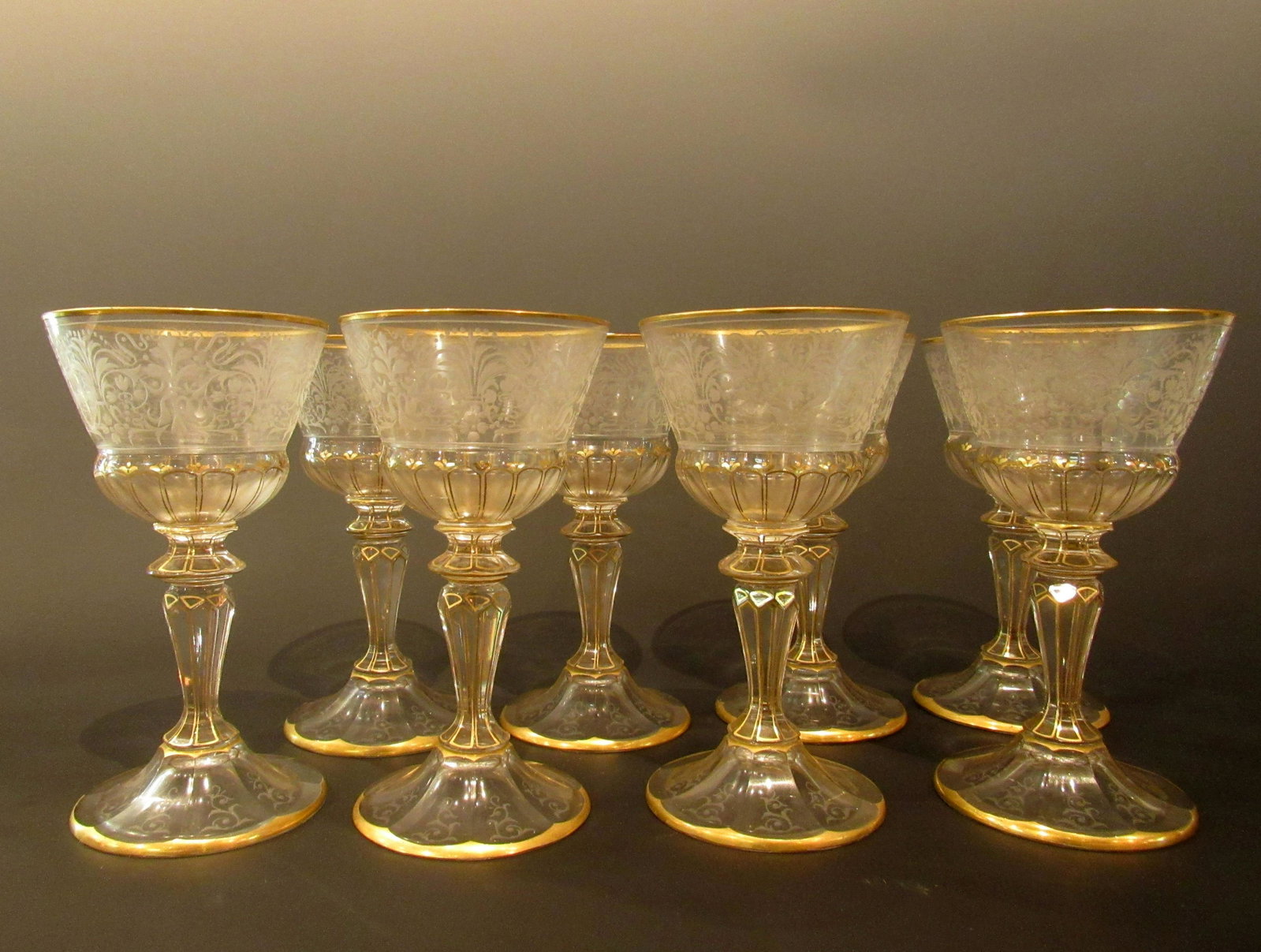 Lot of 8 Moser Glass Crystal Wine Goblets: Lot of 8 Moser Etched Glass Crystal Wine Goblets.