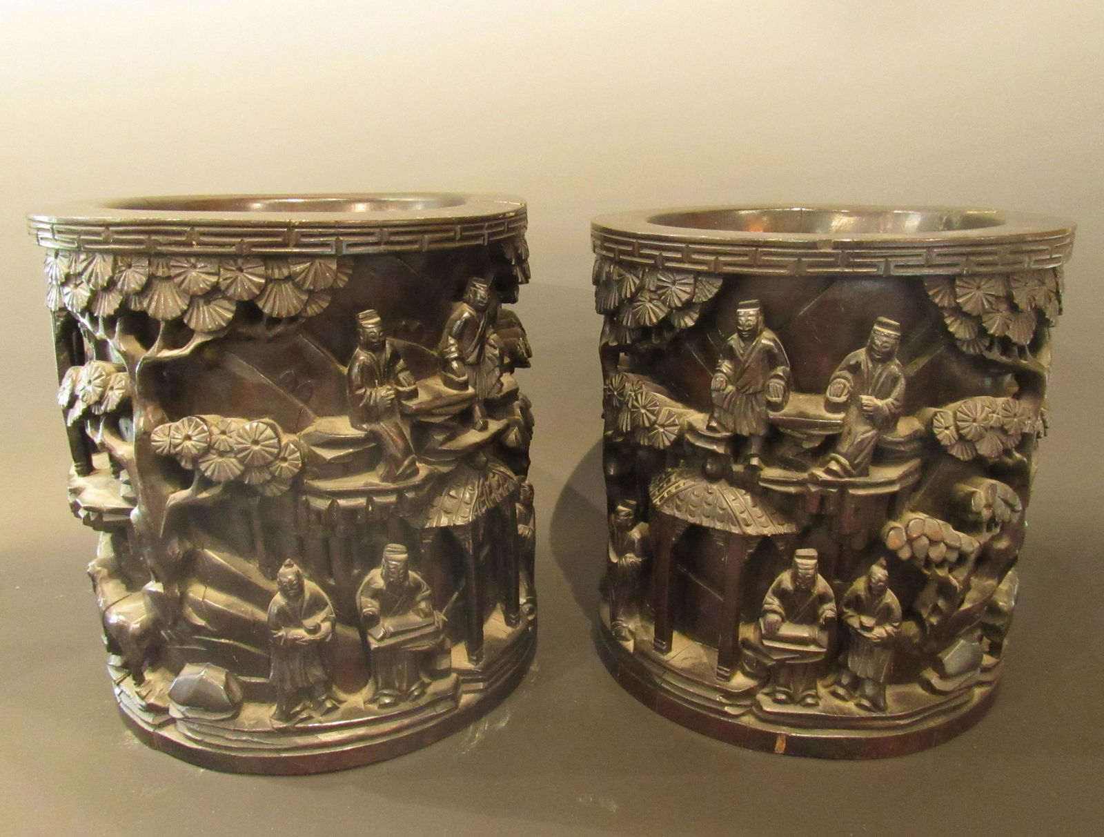 Pair of Large Carved Wood Chinese Brush Pots (1 of 6)
