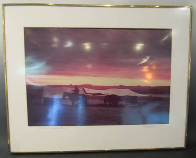 Framed Sunset Photograph by Bank Langmore: Binion Ranch in Jordan, Montana at sunset photograph by Bank Langmore. Framed behind plexiglass. Framed Size: 24" x 30"; Opening Size: 16" x 23.5"