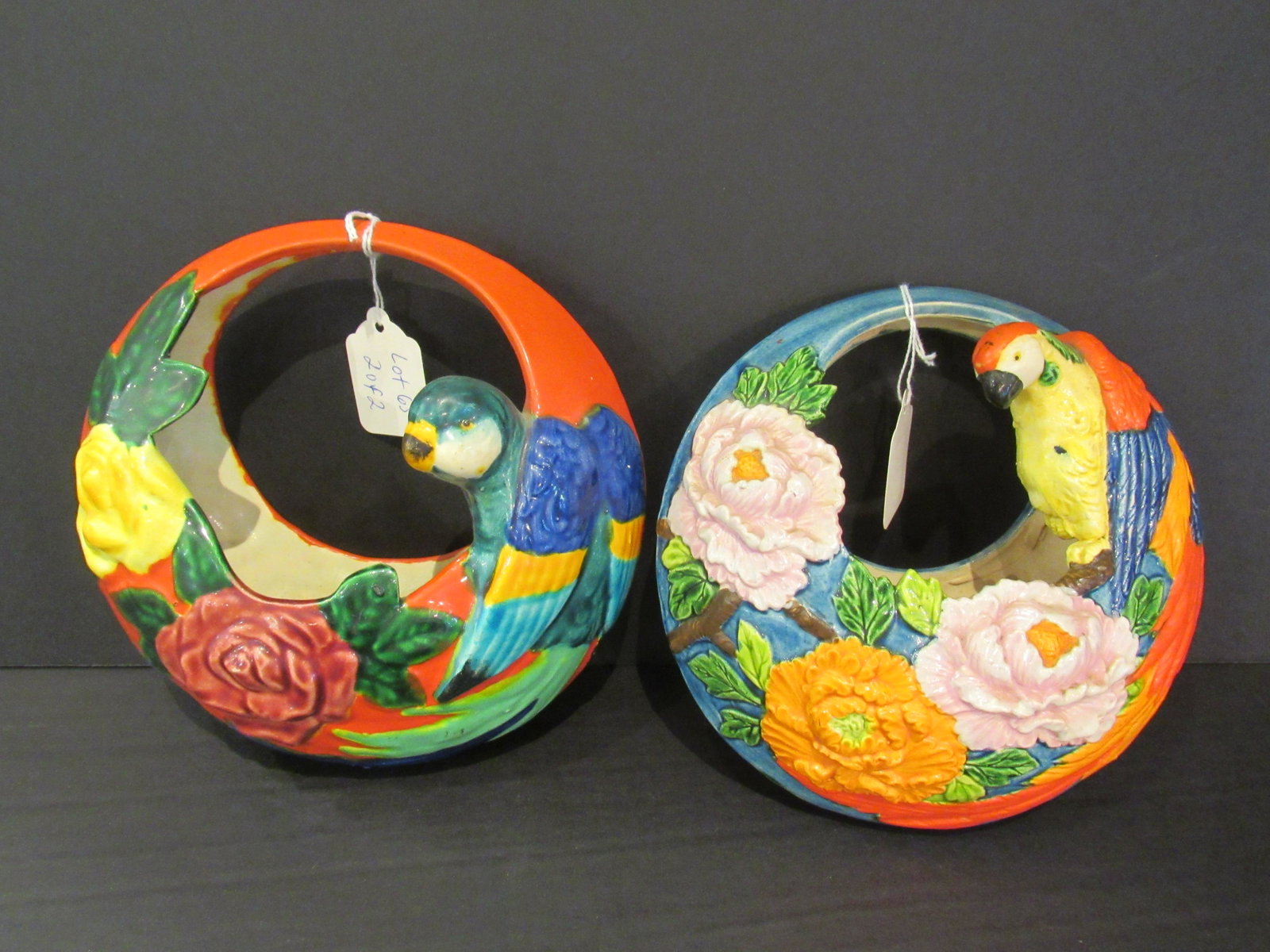 Lot of 2 Banko Japanese Wall Pockets Floral Bird Parrot (1 of 7)