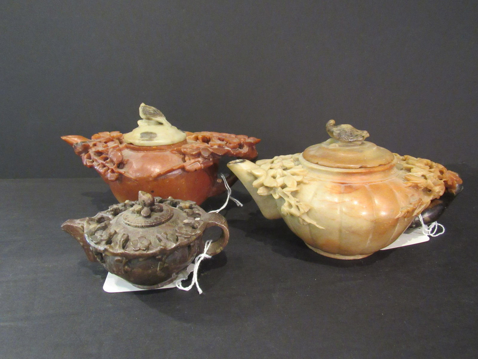 Lot of 3 Chinese Asian Soapstone Teapots Floral (1 of 8)