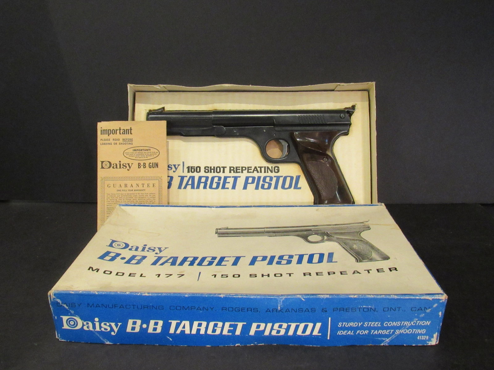 Vintage Daisy Model 177 BB Target Pistol: Vintage Daisy Model 177 BB Target Pistol. Comes in original box. Appears to be in good shape. 150 Shot repeater. Sturdy steel construction, ideal for target shooting. Comes with original manual.