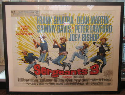 Framed Original Sergeants 3 Movie Cinema Film Poster: Framed Original Sergeants 3 Movie Cinema Film Advertising Poster. Shows Frank Sinatra, Dean Martin, Sammy Davis Jr, Peter Lawford, and Joey Bishop. Printed in England by W. E. Berry Ltd., Bradford. Vi