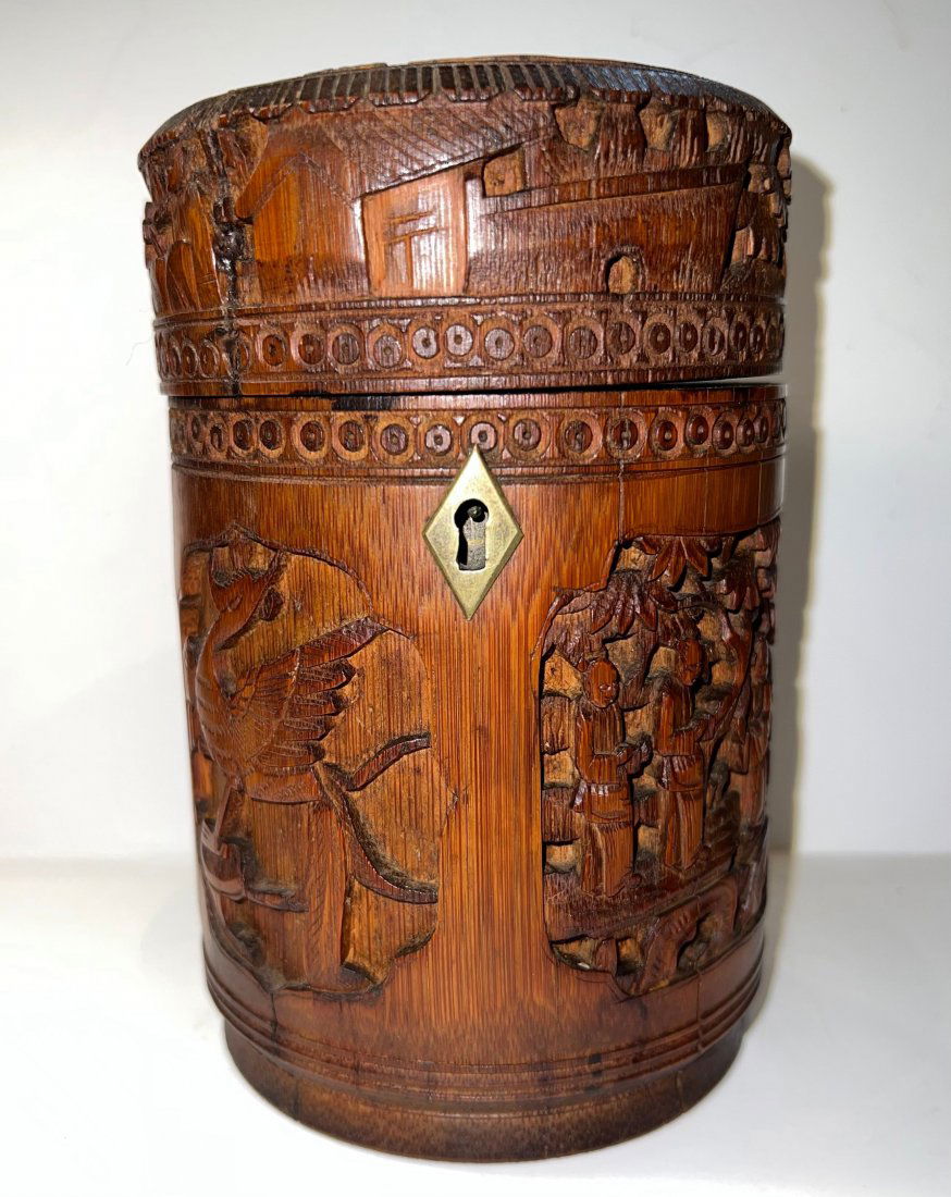 Antique Carved Oriental Lined Wooden Tea Container (1 of 6)
