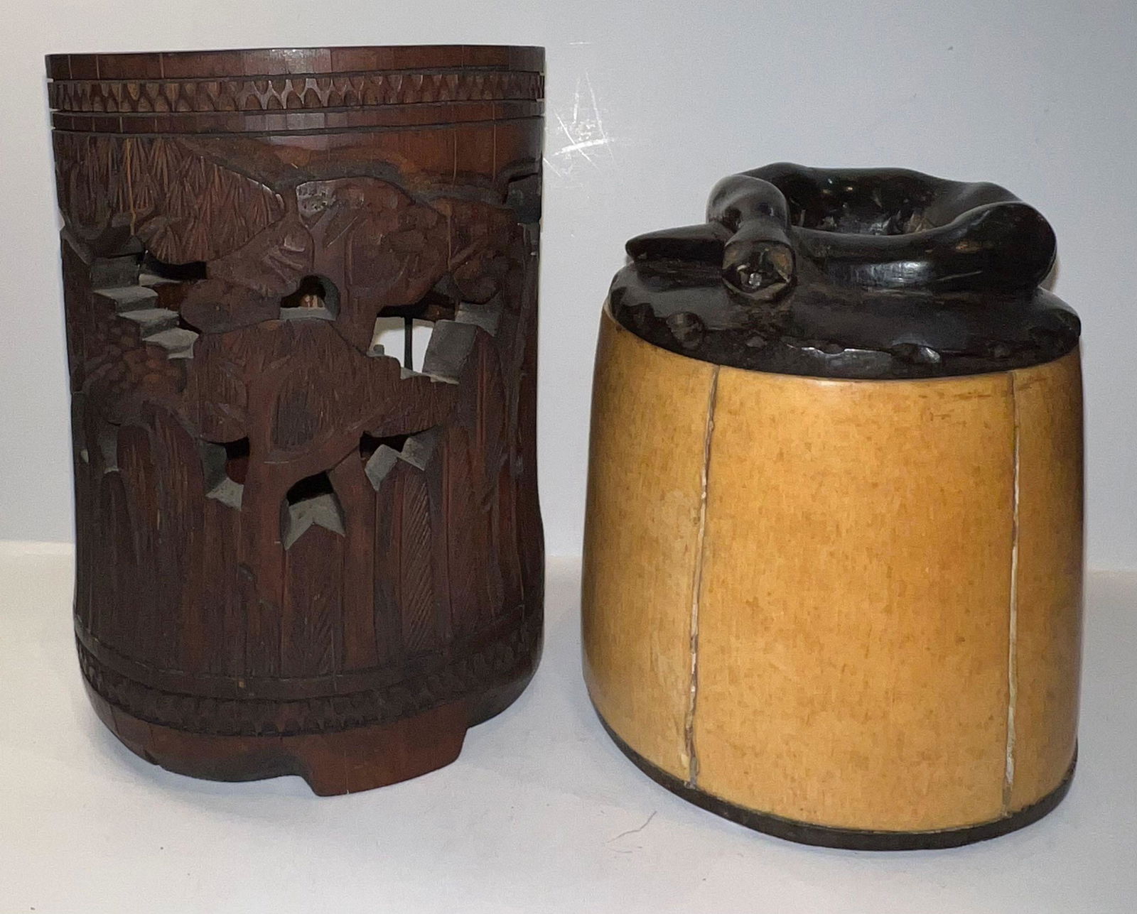 Lot of 2 Asian Carved Wooden Vessels W/ Snakes (1 of 6)