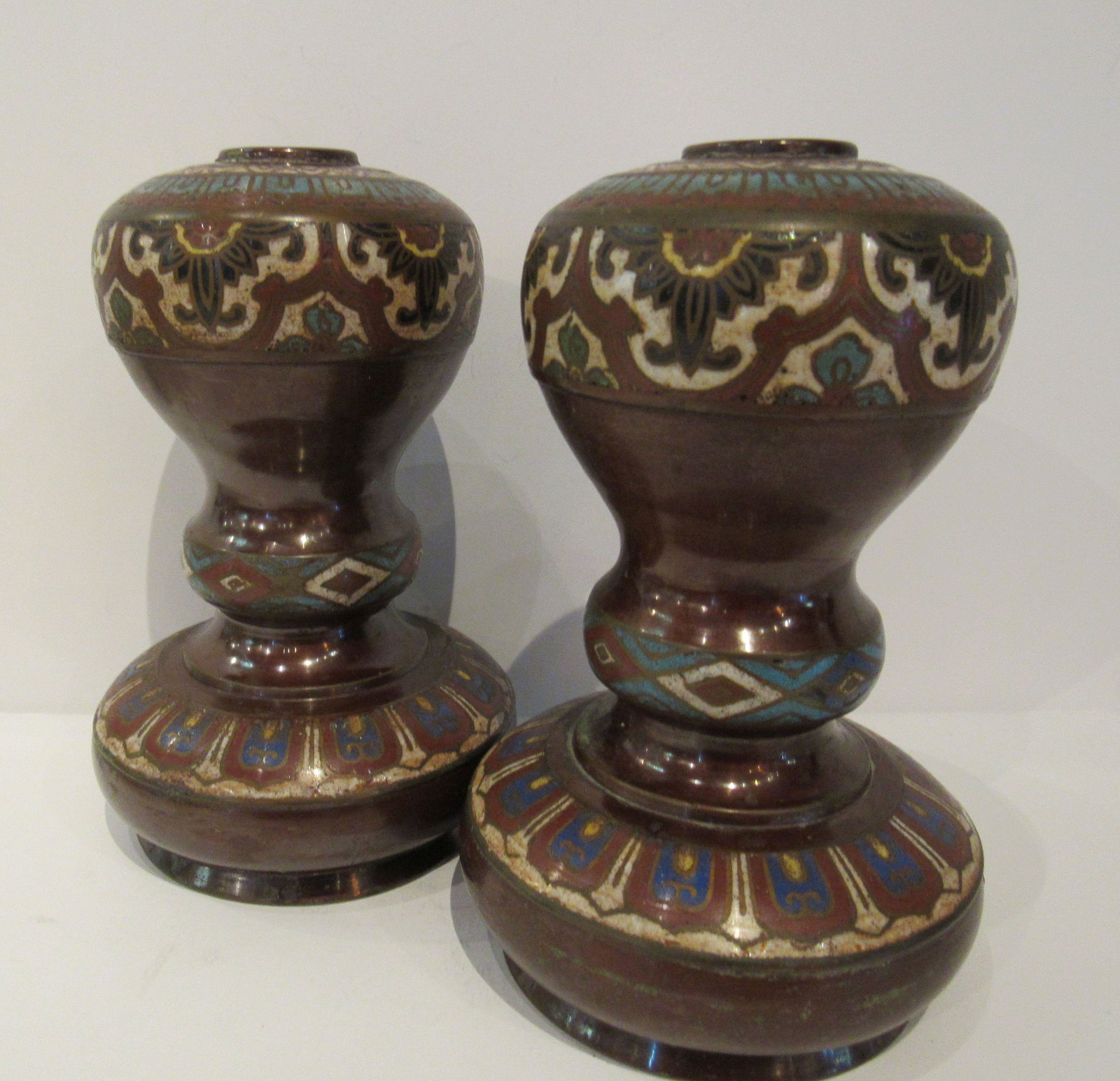 Antique Pair Chinese Cloisonne Enamel Candlesticks (1 of 4)