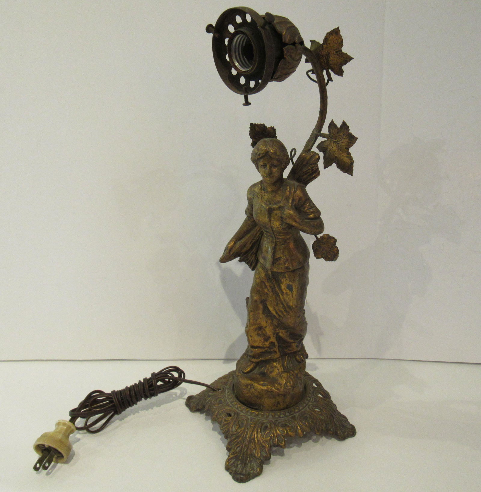 Antique Art Deco French Farm Woman Carrying Sticks Lamp (1 of 5)