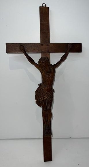 Antique Carved Wooden Jesus on the Cross Crucifix: Antique carved wooden sculpture of Jesus on the crucifix. Hand made item from Geneva, Switzerland. Height: 19".